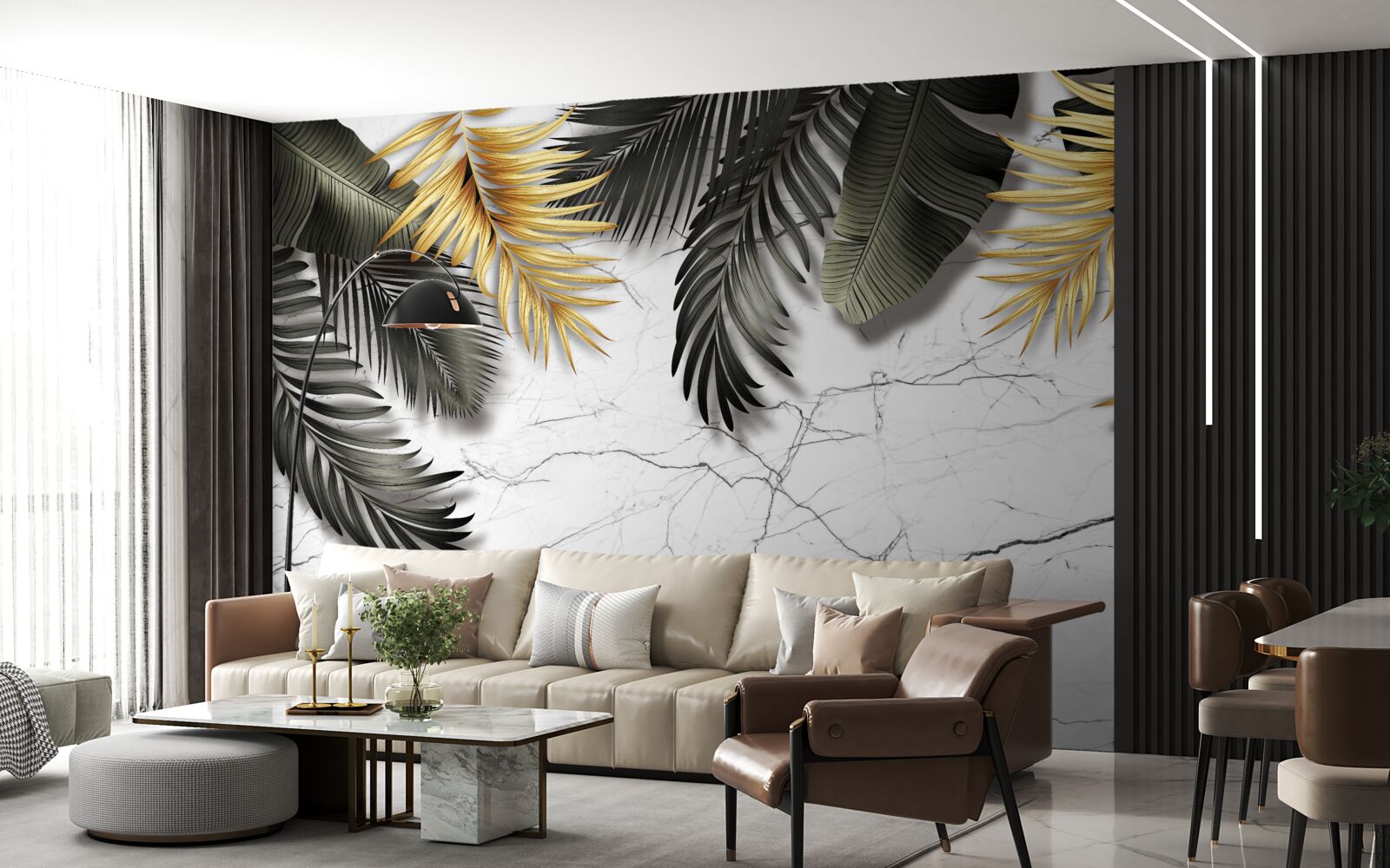 Fotobehang het marmer is versierd met gouden en zwarte palmbladeren