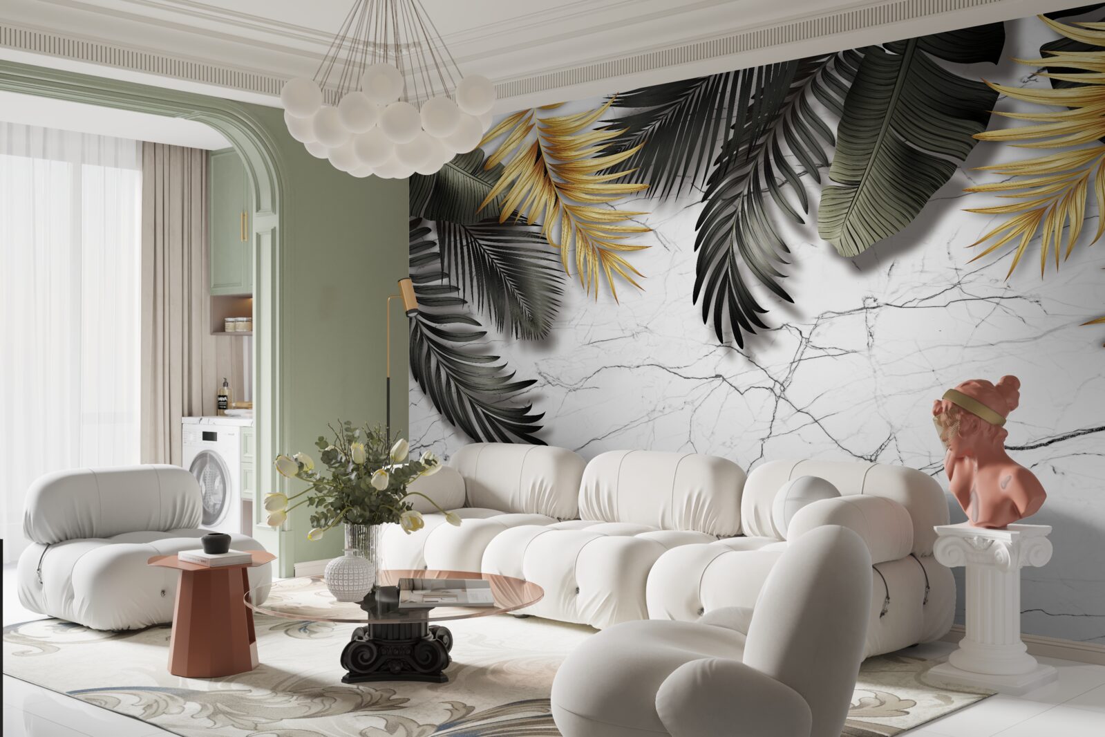 Fotobehang het marmer is versierd met gouden en zwarte palmbladeren