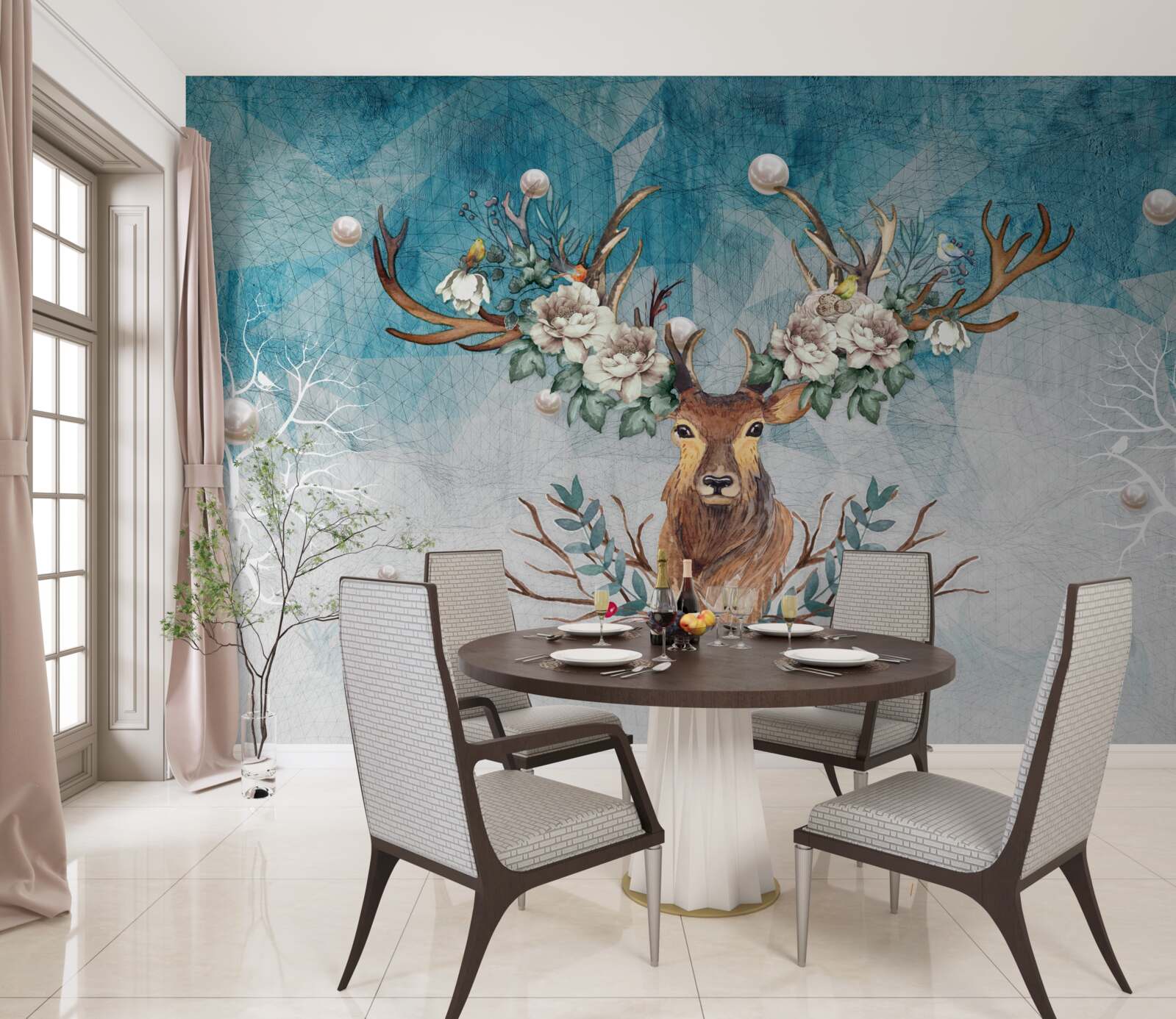 Fotobehang winterhinde met bloemen die haar gewei versieren