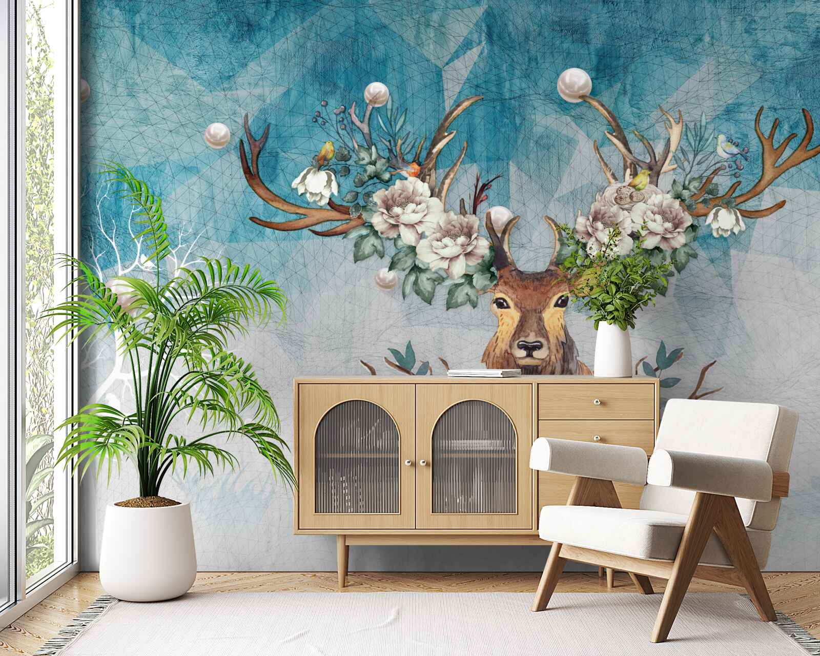 Fotobehang winterhinde met bloemen die haar gewei versieren