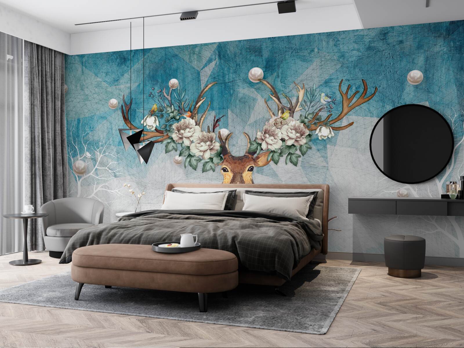 Fotobehang winterhinde met bloemen die haar gewei versieren