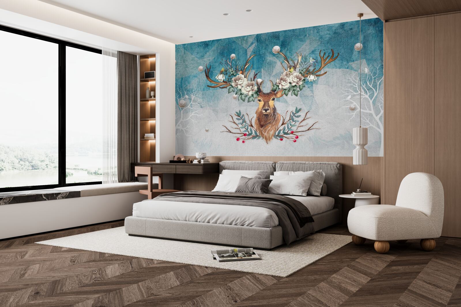 Fotobehang winterhinde met bloemen die haar gewei versieren