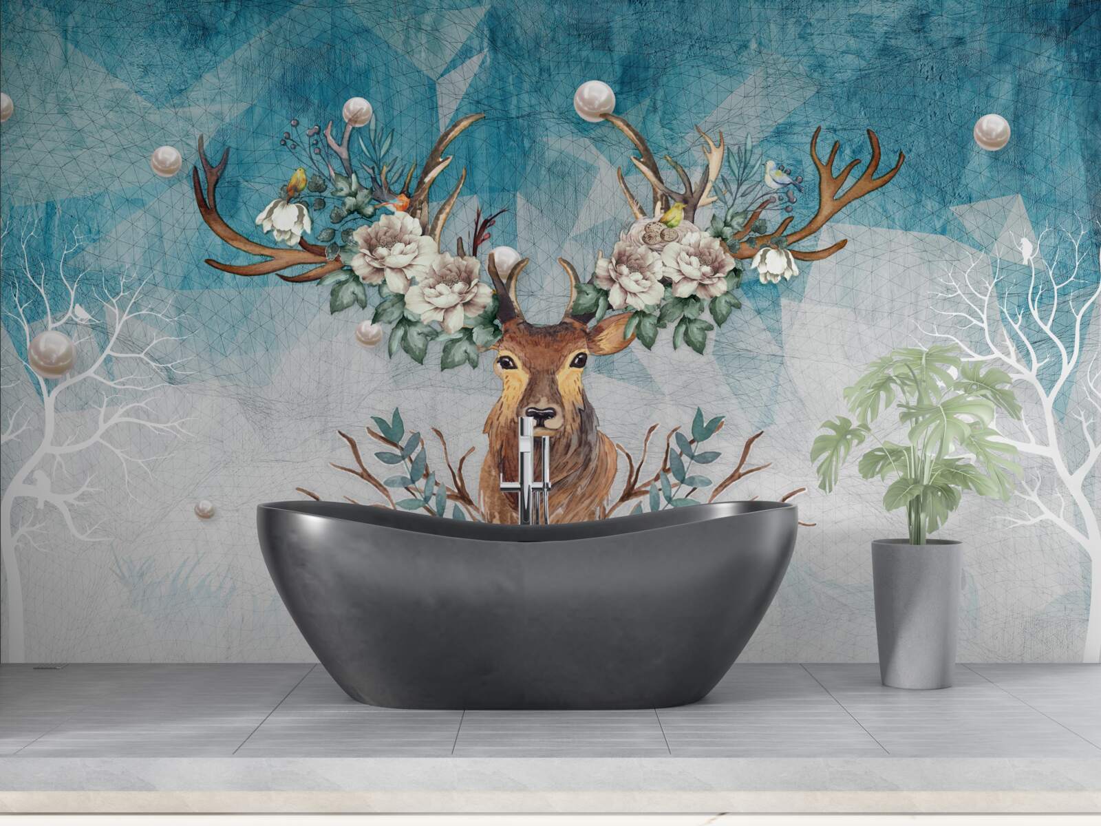 Fotobehang winterhinde met bloemen die haar gewei versieren