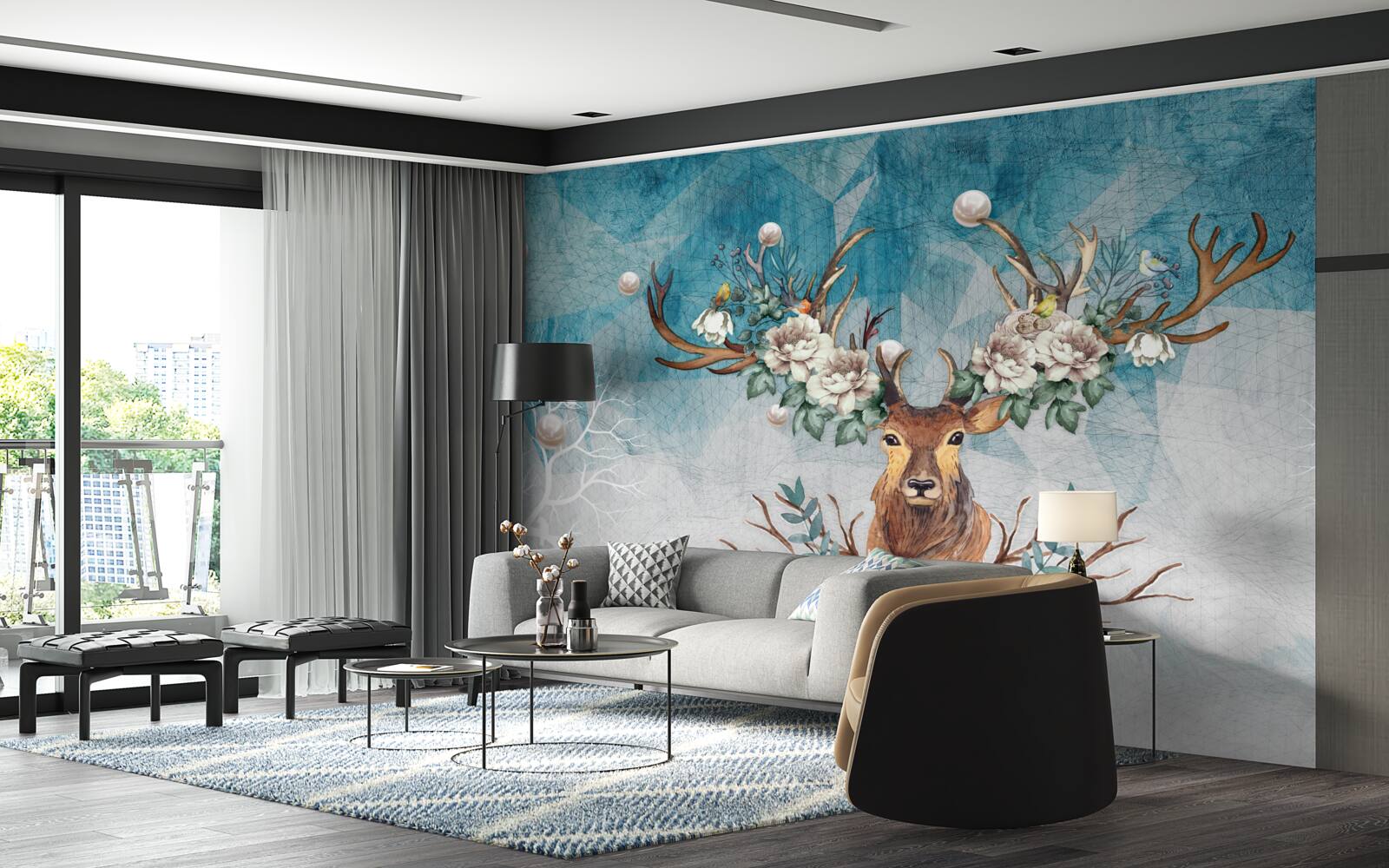 Fotobehang winterhinde met bloemen die haar gewei versieren