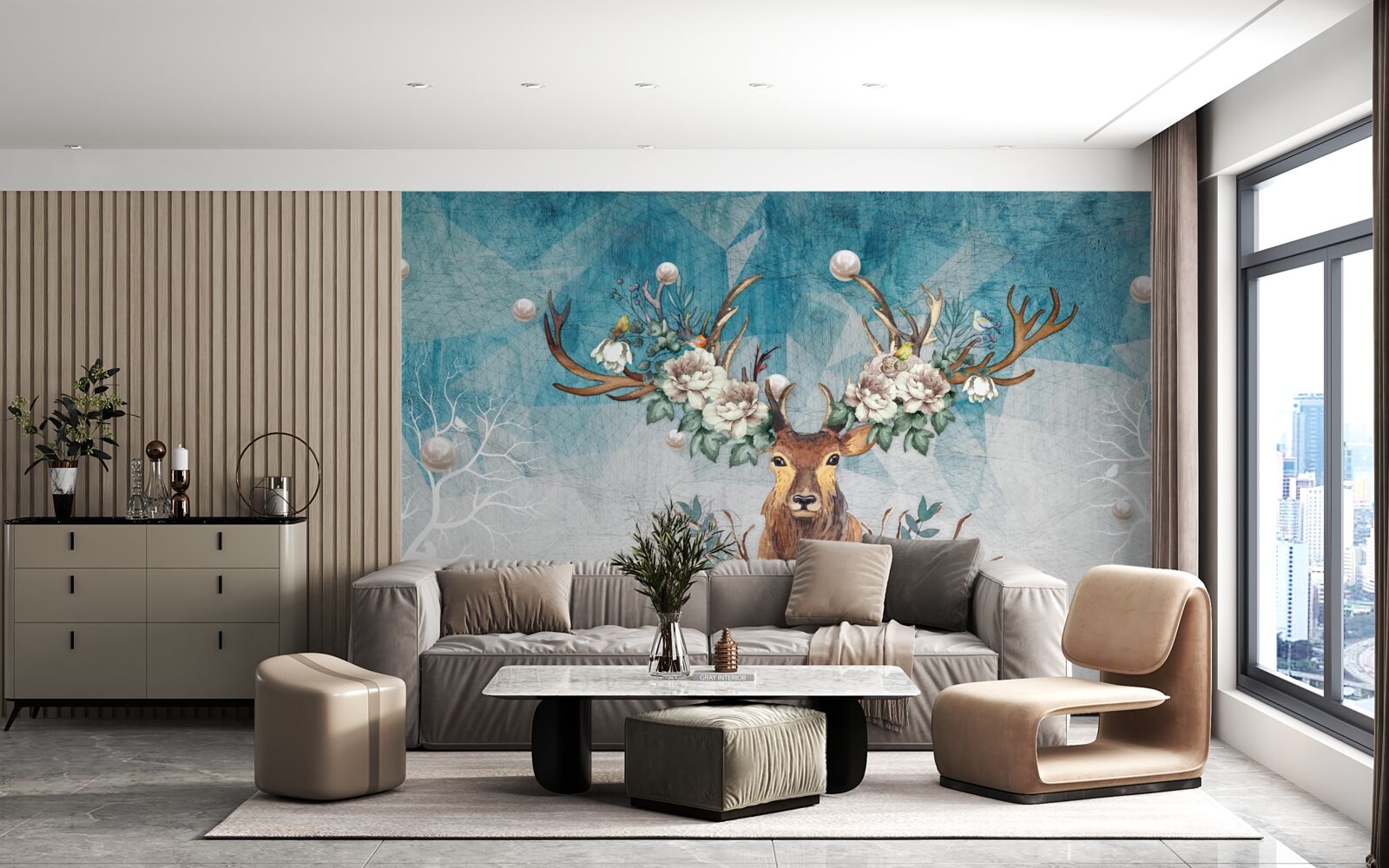 Fotobehang winterhinde met bloemen die haar gewei versieren