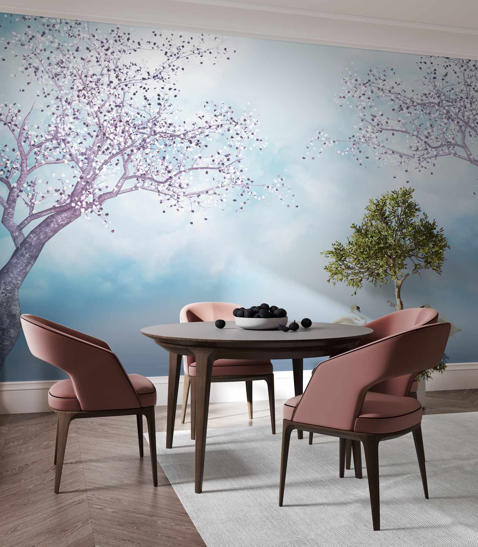 Fotobehang met zwanen op een meer in de mist