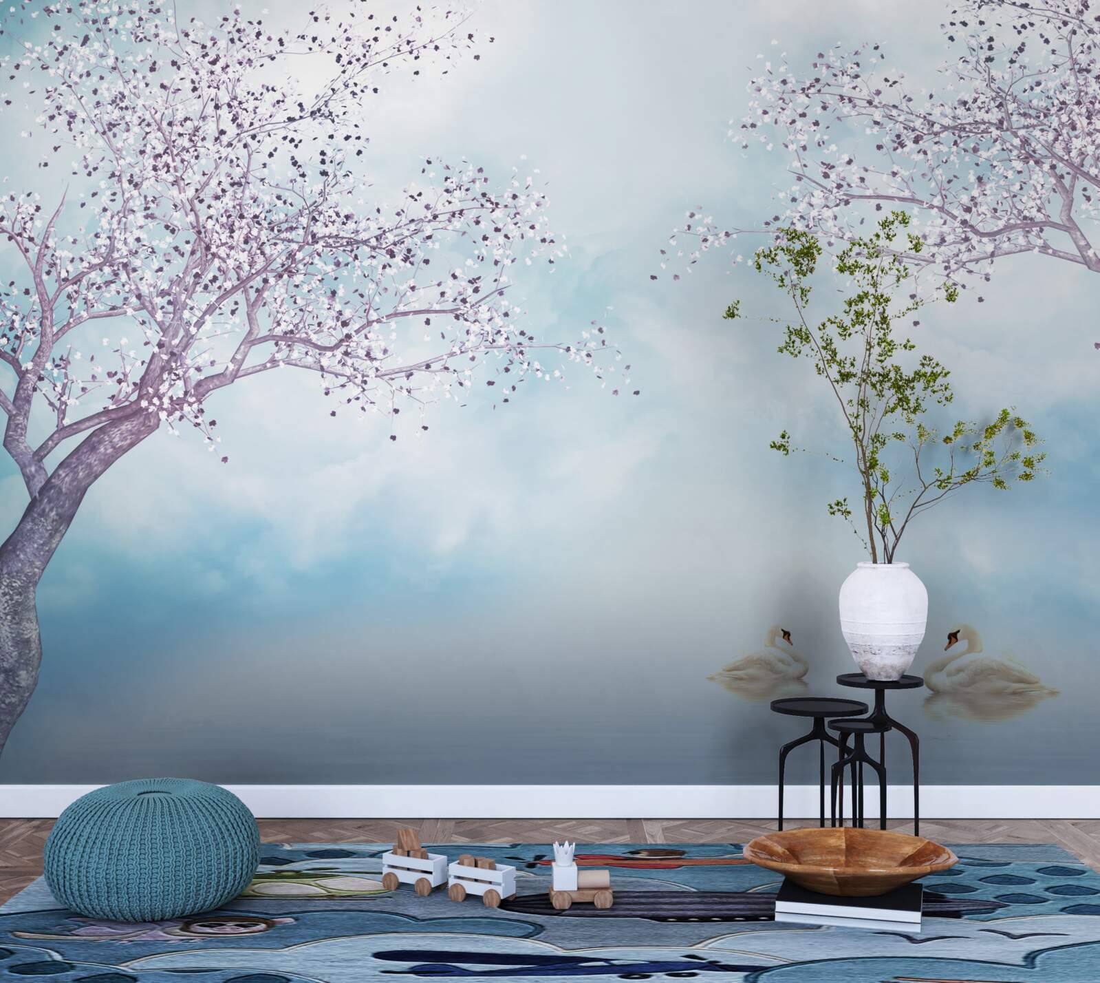 Fotobehang met zwanen op een meer in de mist