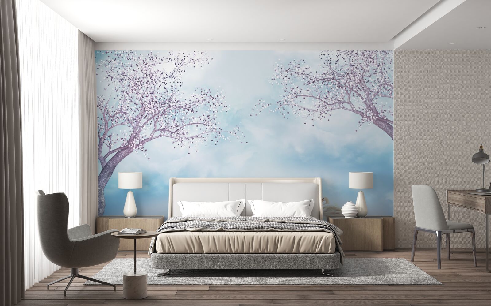 Fotobehang met zwanen op een meer in de mist