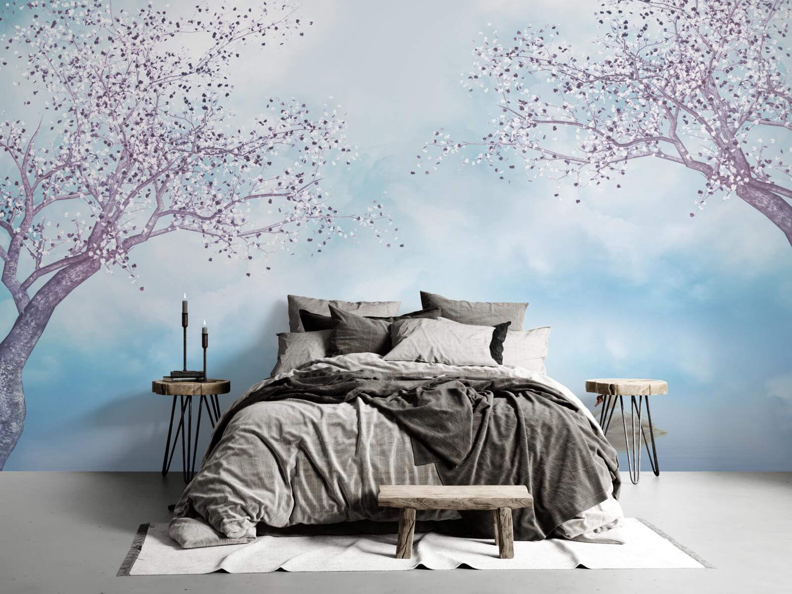 Fotobehang met zwanen op een meer in de mist