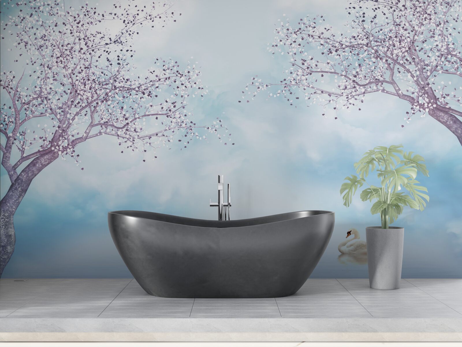 Fotobehang met zwanen op een meer in de mist