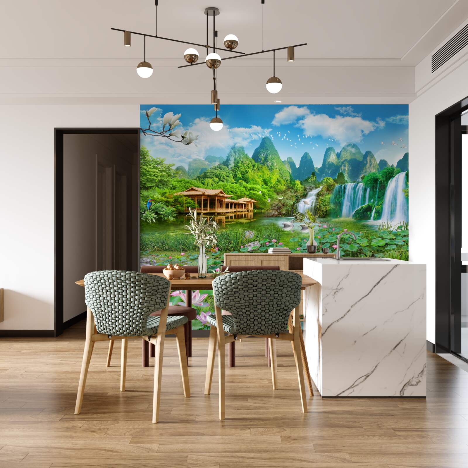 Fotobehang wonen bij een waterval die in een natuurlijk waterlichaam valt