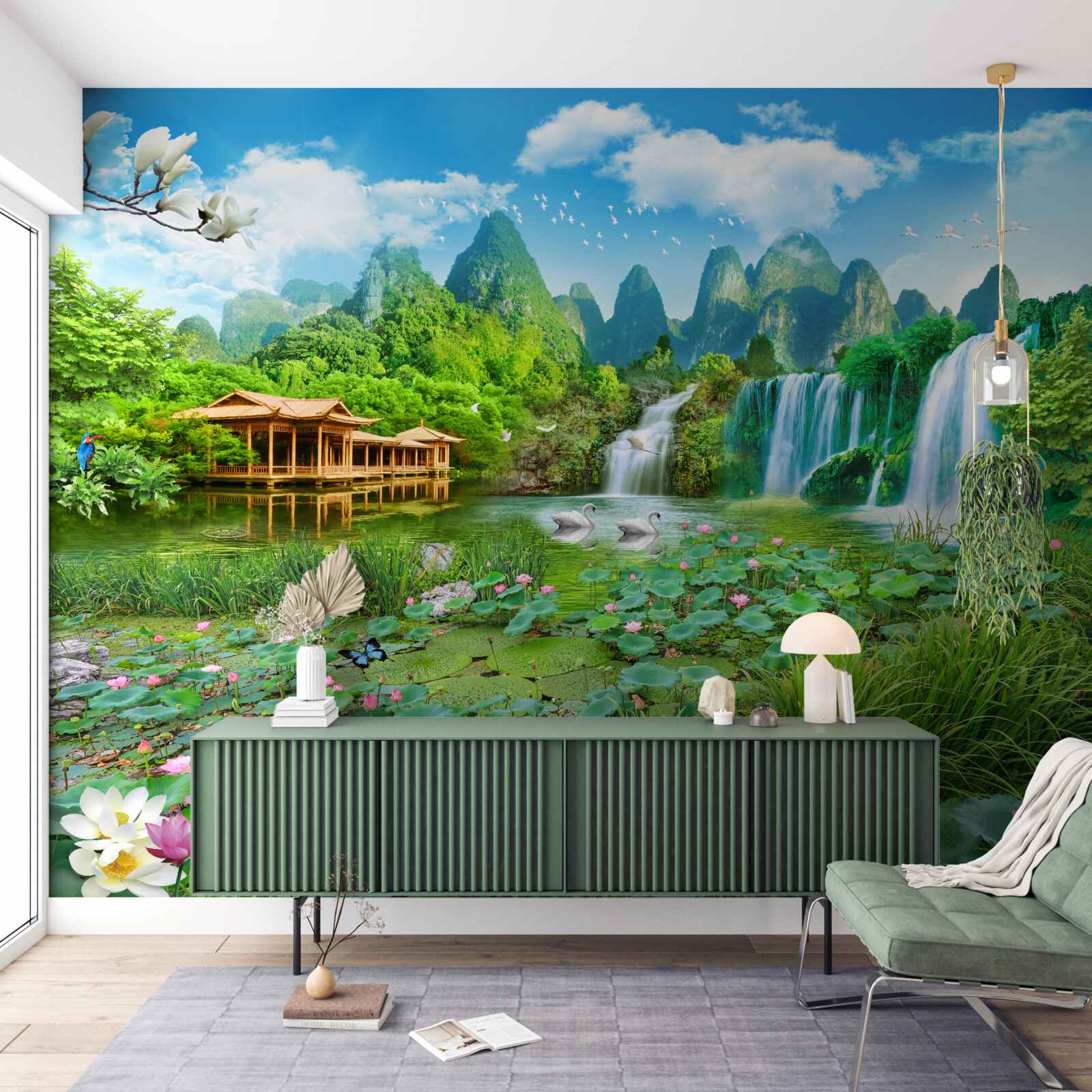 Fotobehang wonen bij een waterval die in een natuurlijk waterlichaam valt