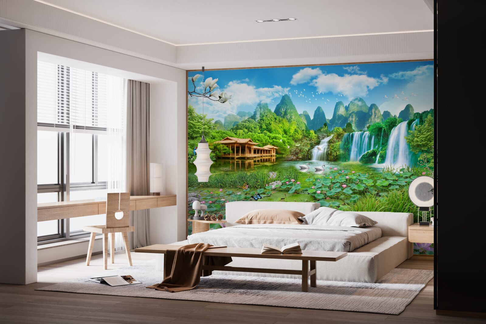 Fotobehang wonen bij een waterval die in een natuurlijk waterlichaam valt