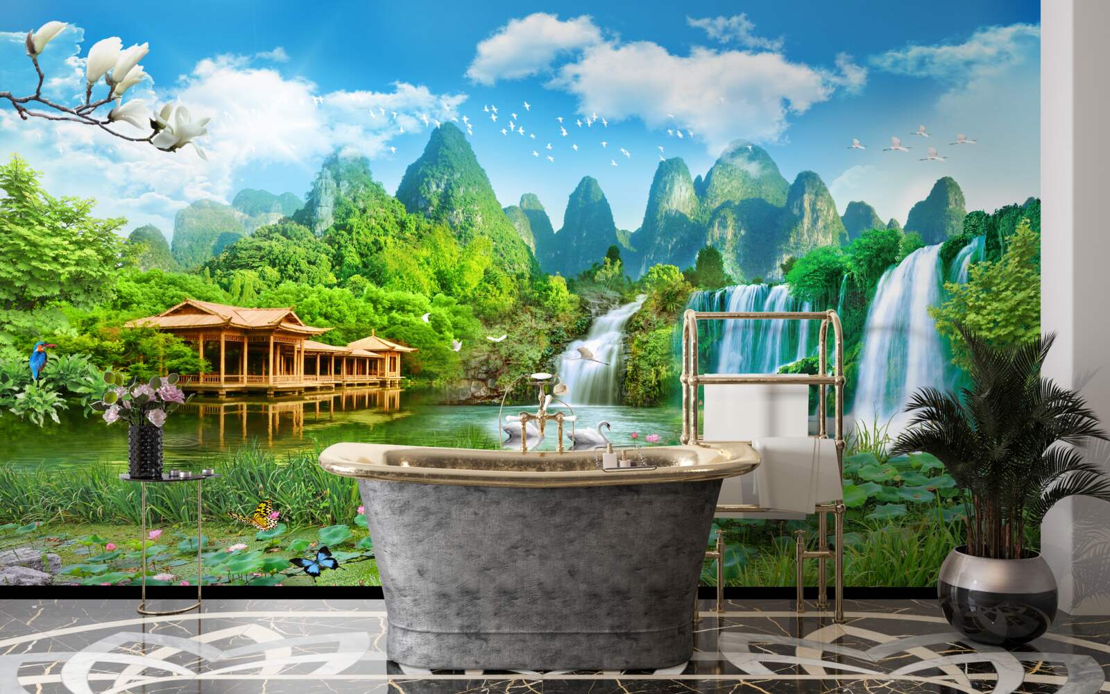 Fotobehang wonen bij een waterval die in een natuurlijk waterlichaam valt