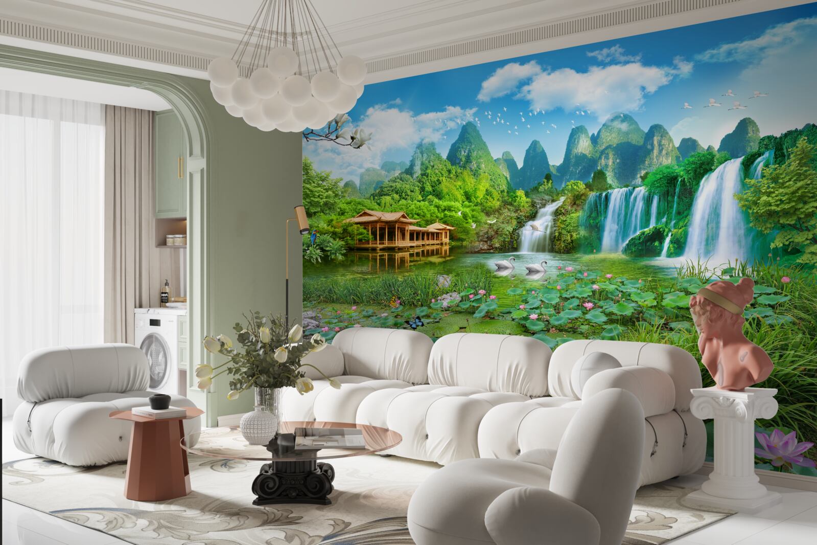 Fotobehang wonen bij een waterval die in een natuurlijk waterlichaam valt