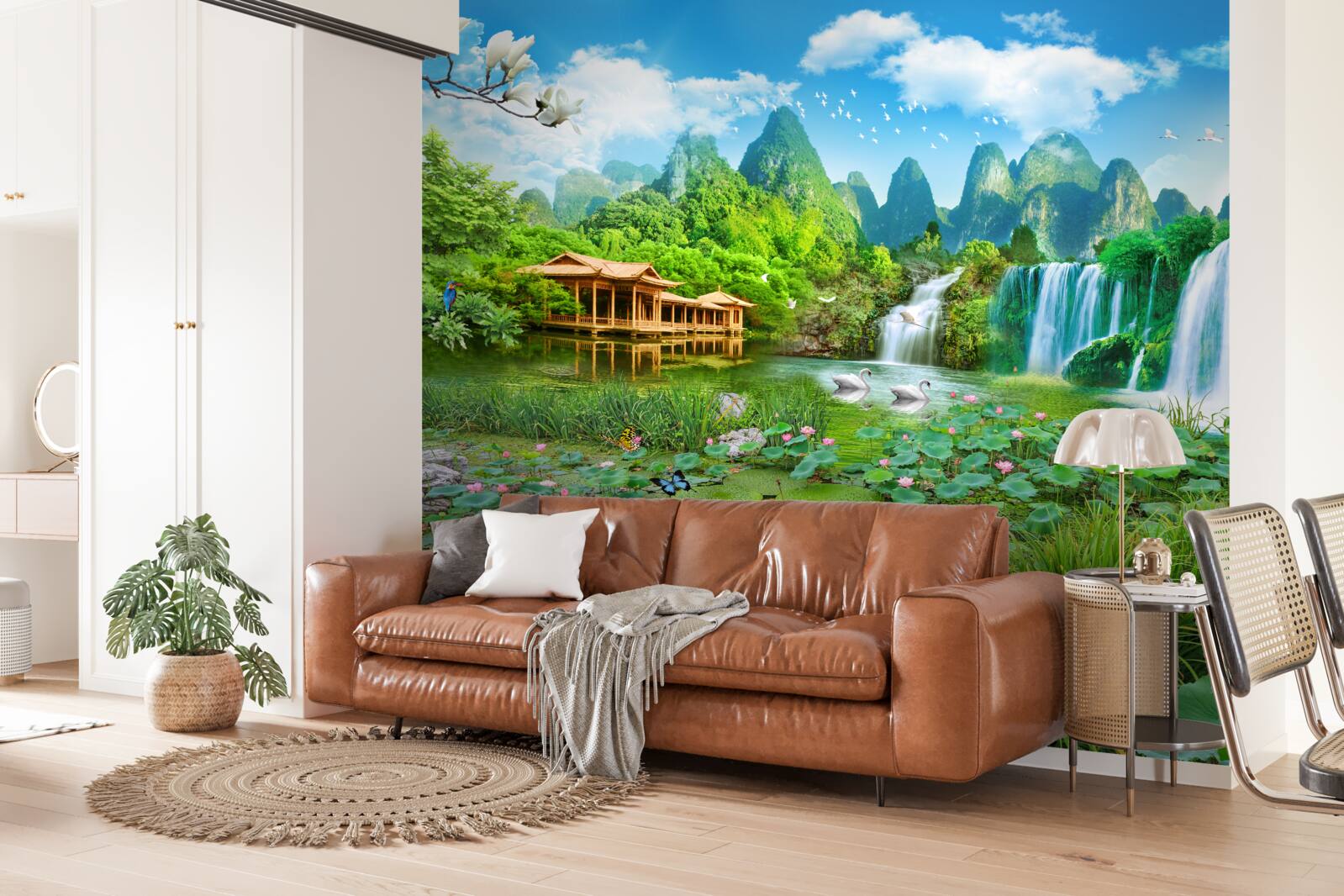 Fotobehang wonen bij een waterval die in een natuurlijk waterlichaam valt