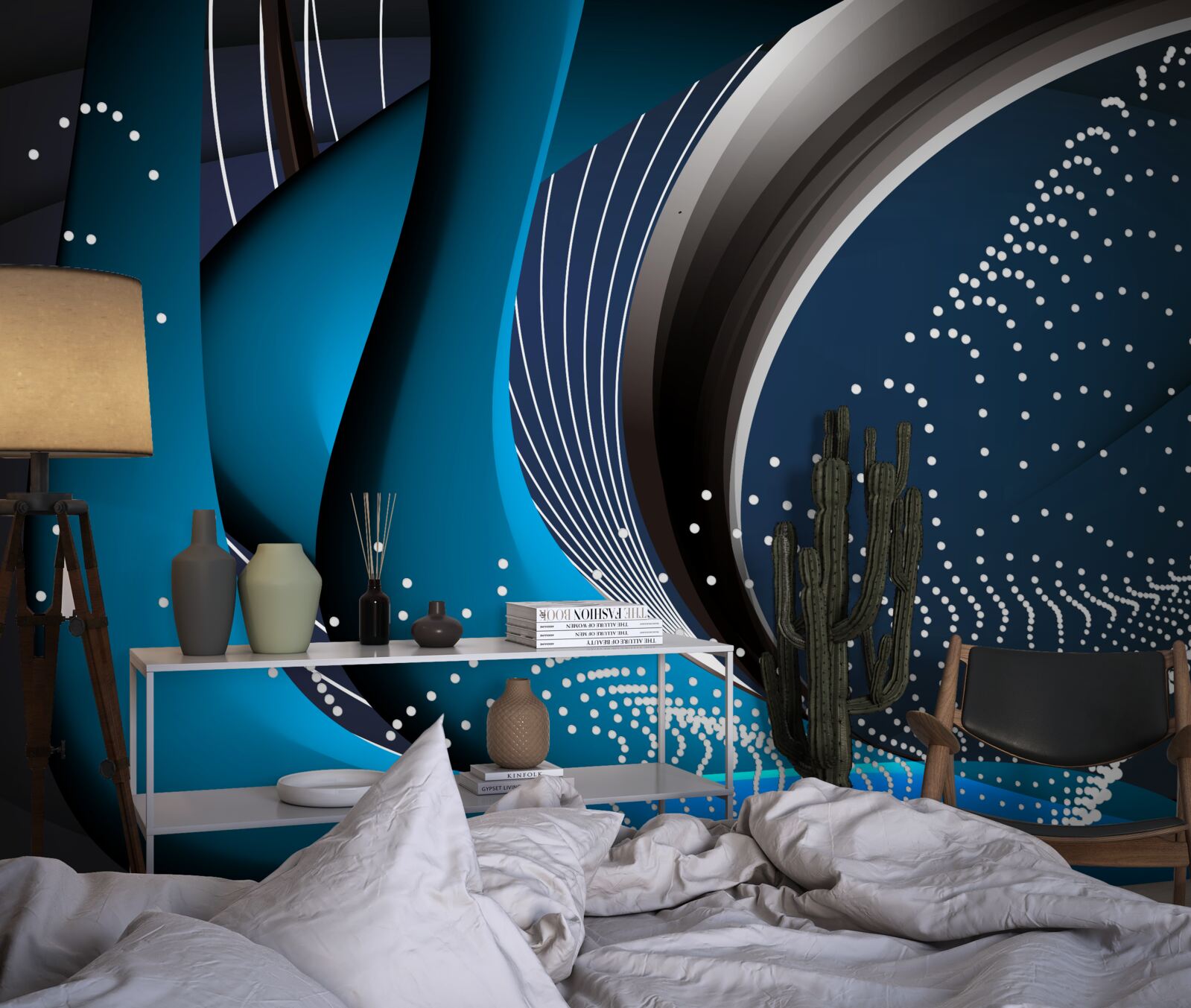 Fotobehang blauwe abstracte lijnen bij dageraad