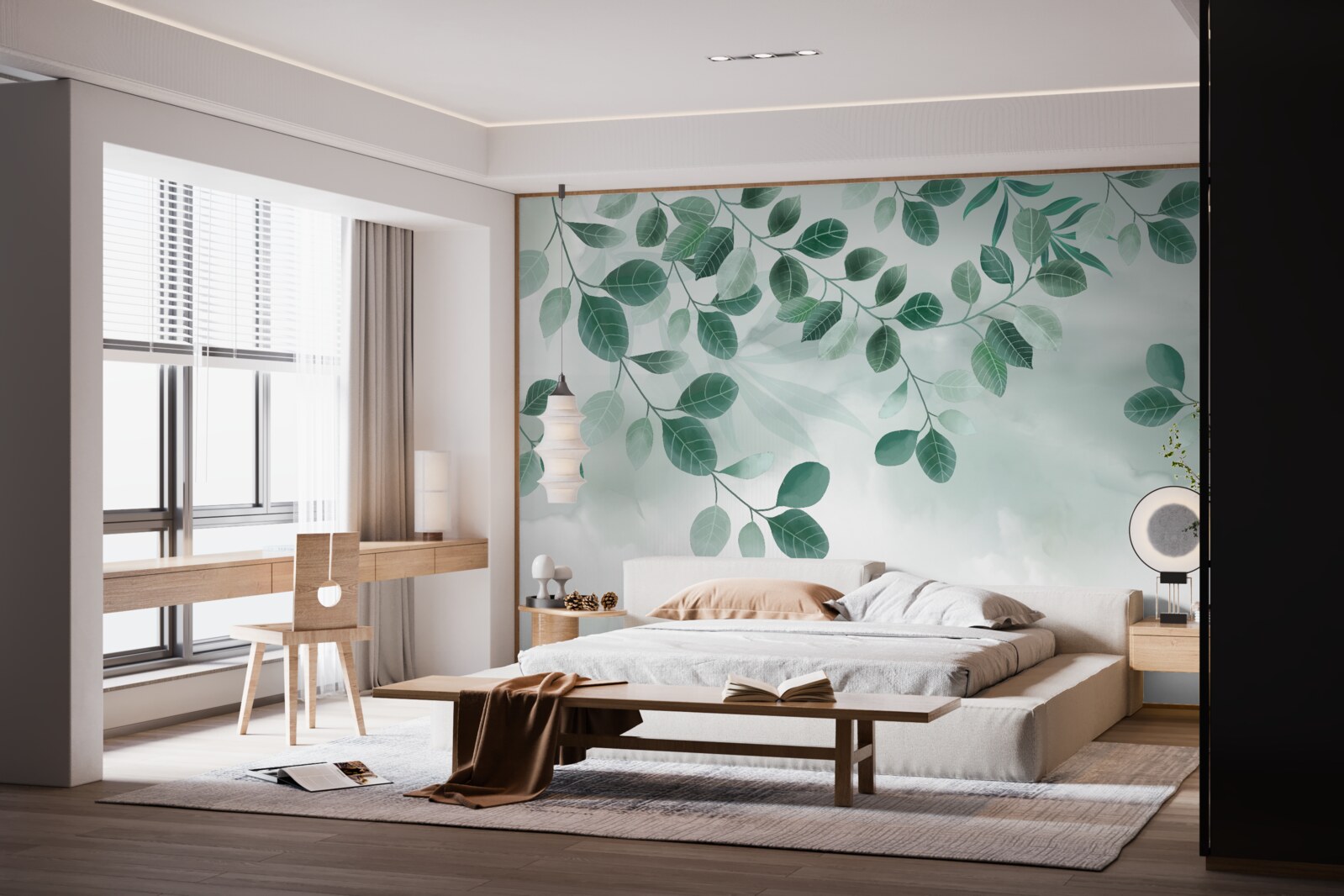 Fotobehang takken met groene bladeren tegen de lucht