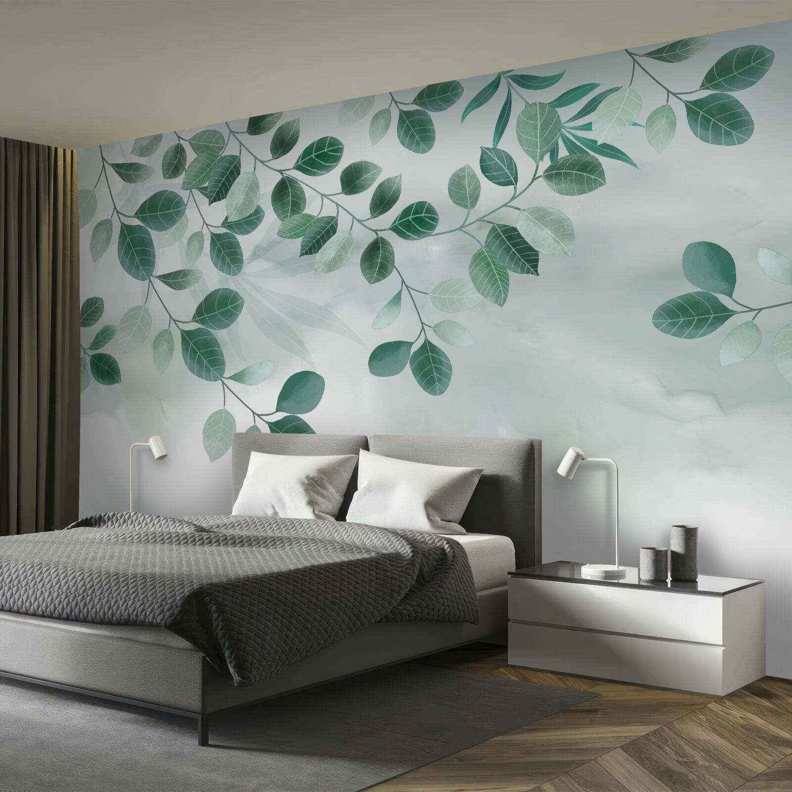 Fotobehang takken met groene bladeren tegen de lucht