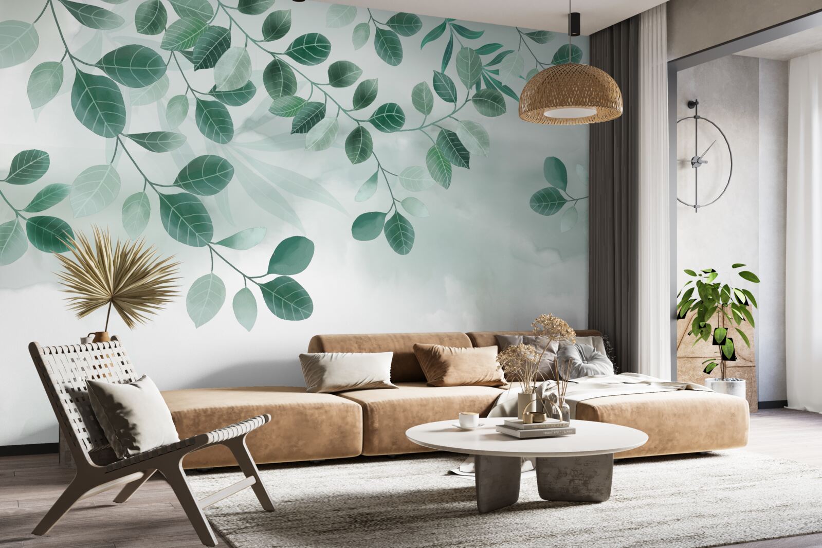 Fotobehang takken met groene bladeren tegen de lucht