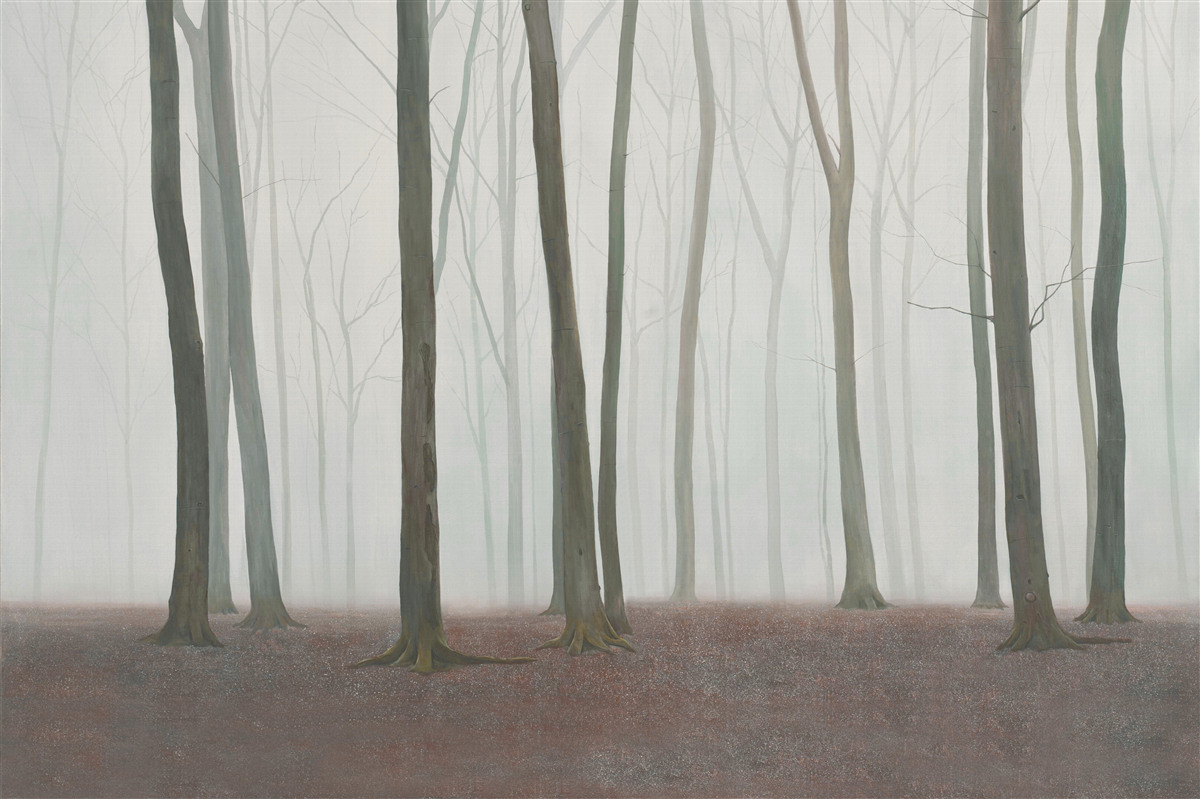 Fotobehang alleenstaande bomen omgeven door mist