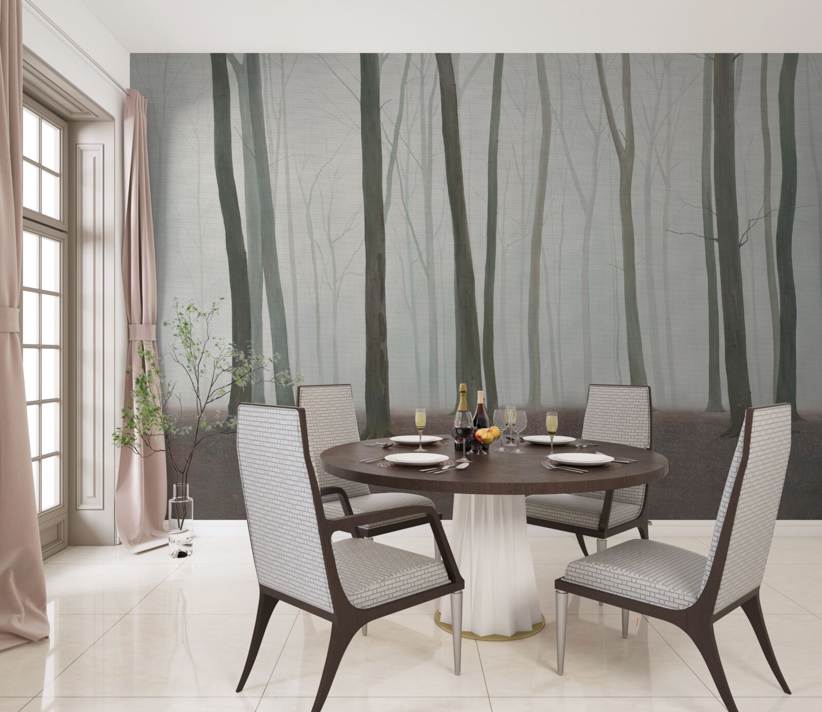 Fotobehang alleenstaande bomen omgeven door mist