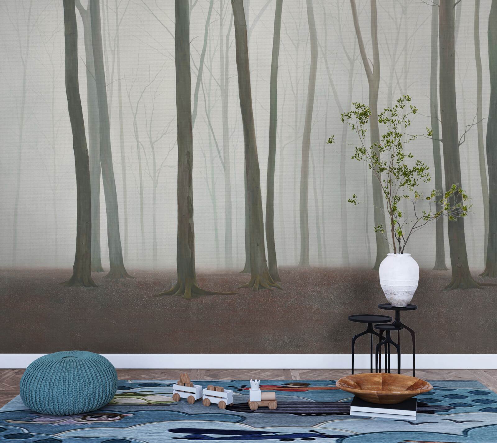 Fotobehang alleenstaande bomen omgeven door mist