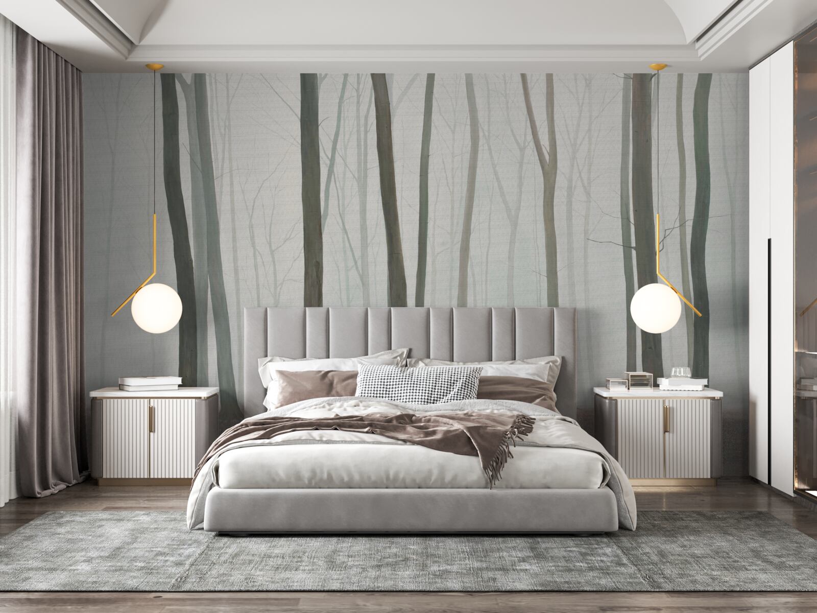 Fotobehang alleenstaande bomen omgeven door mist