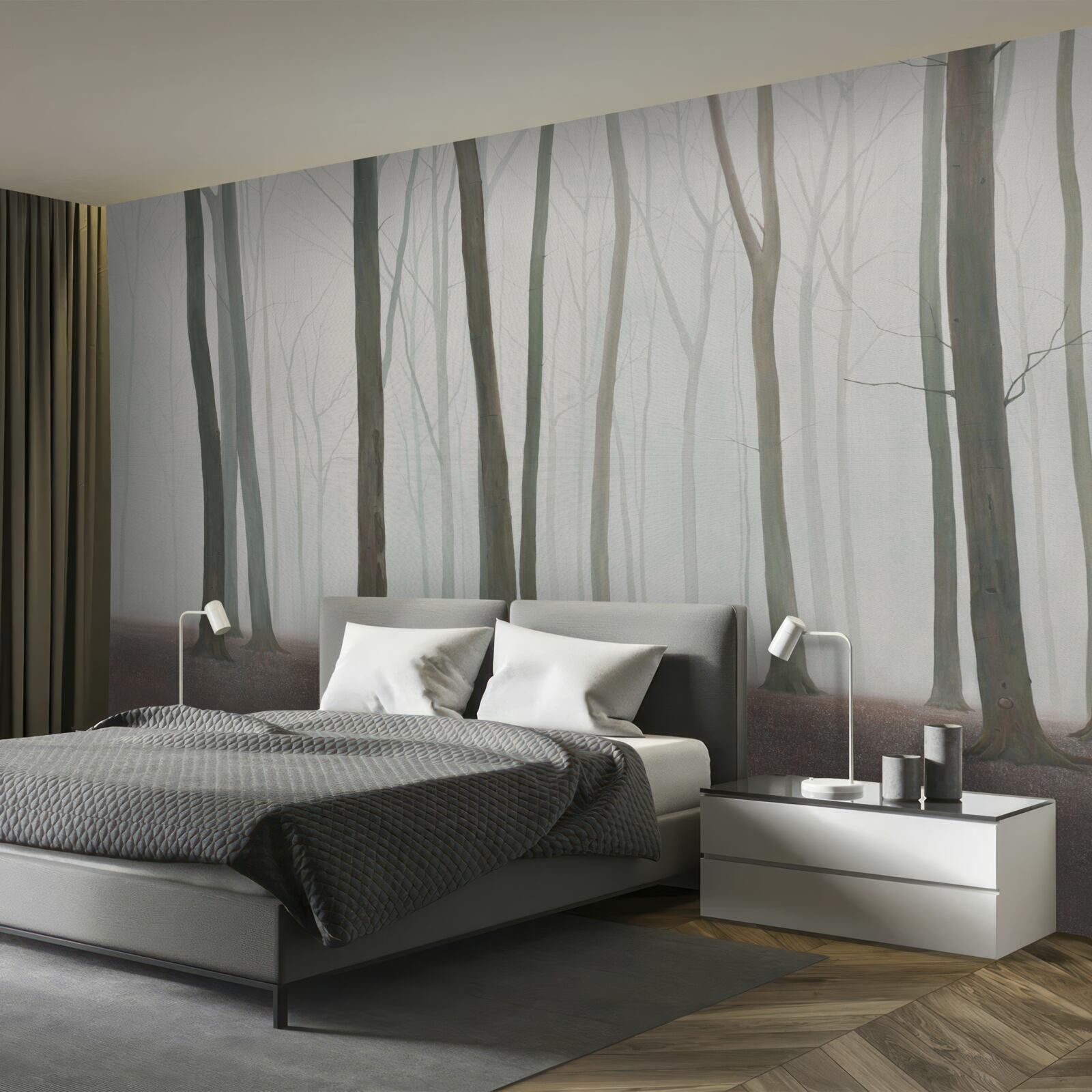 Fotobehang alleenstaande bomen omgeven door mist