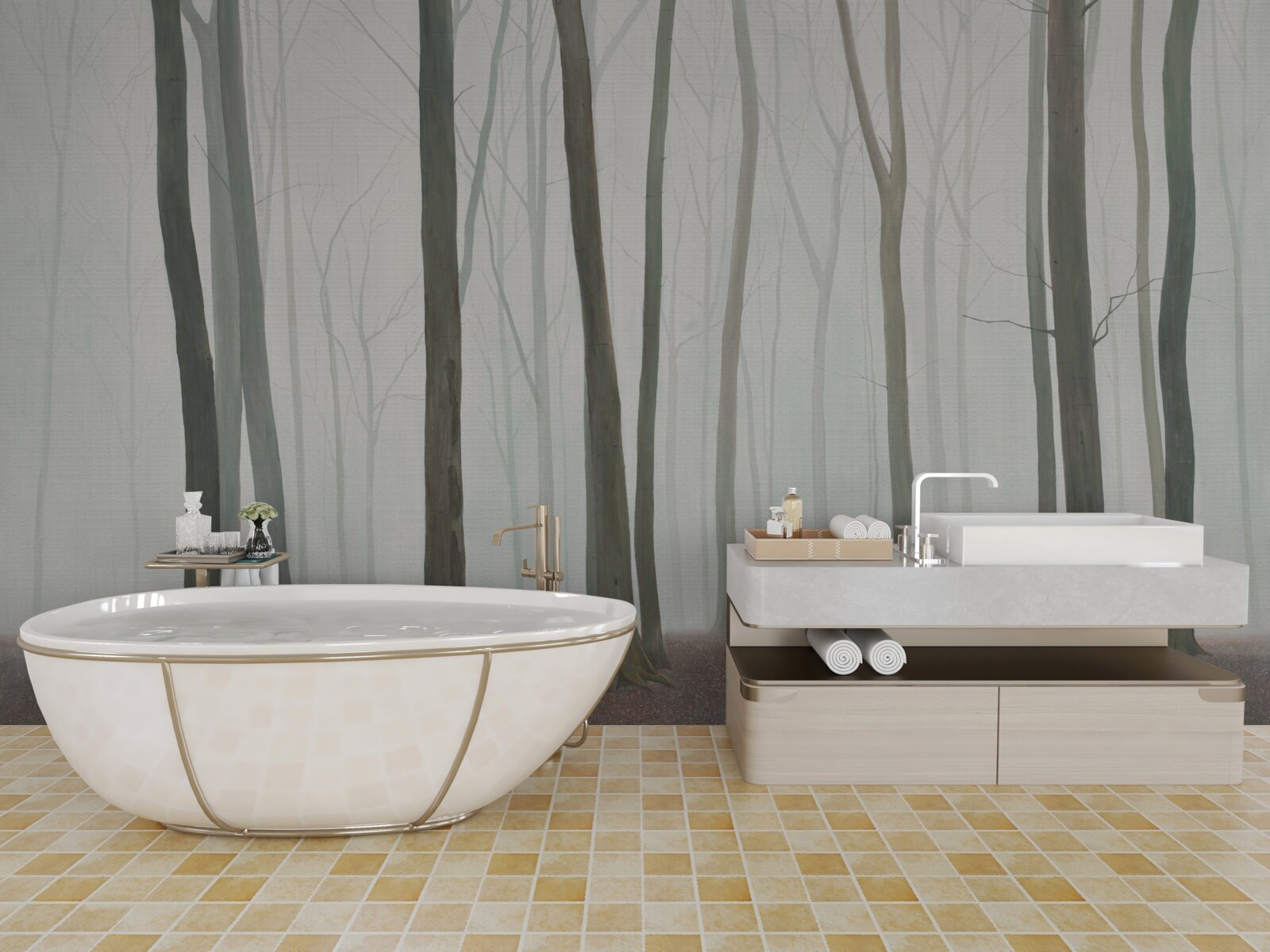 Fotobehang alleenstaande bomen omgeven door mist