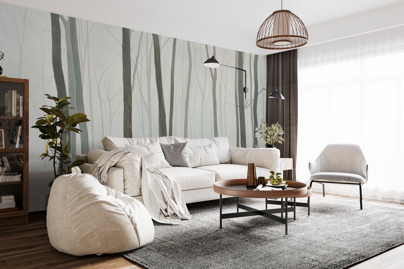 Fotobehang alleenstaande bomen omgeven door mist