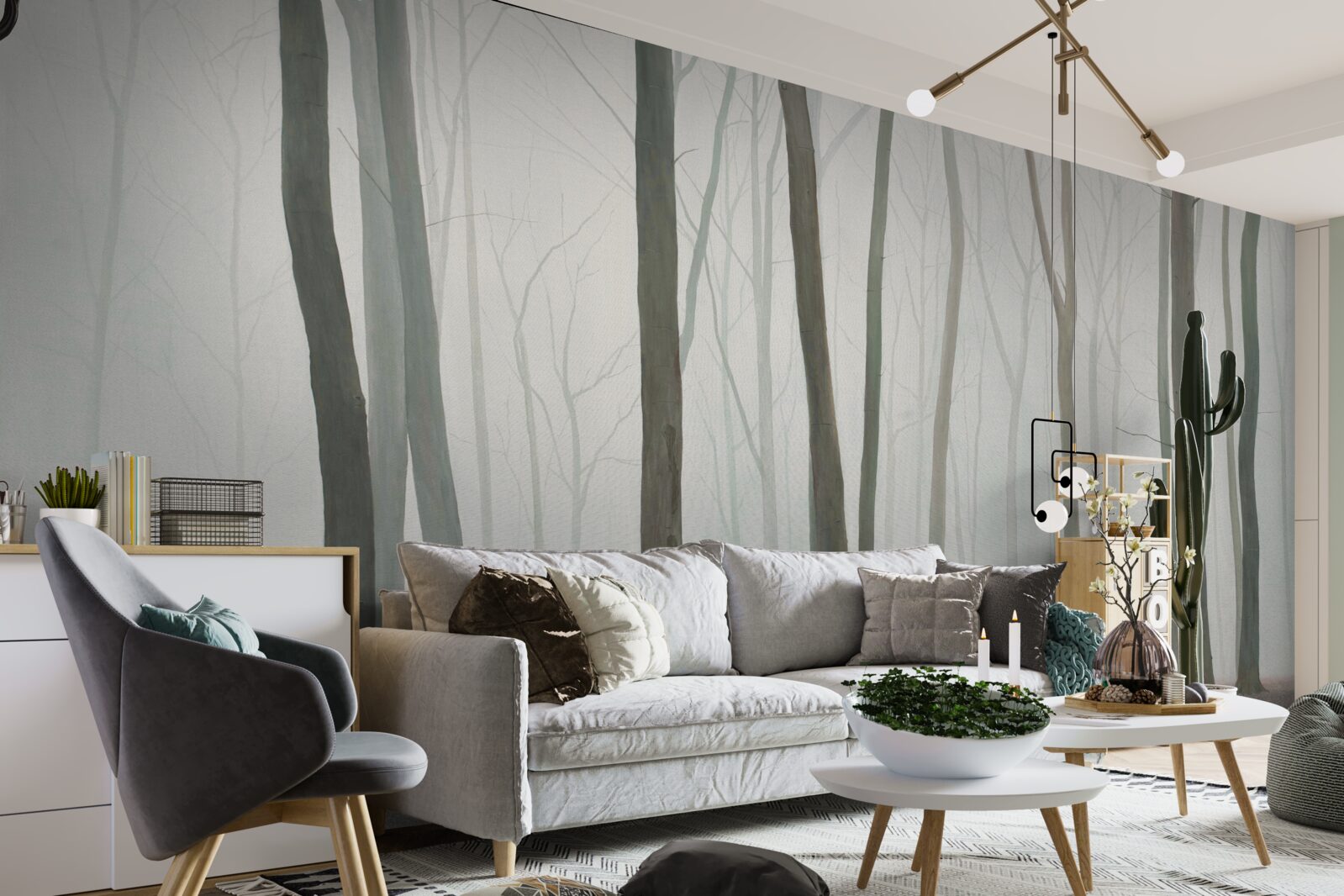 Fotobehang alleenstaande bomen omgeven door mist