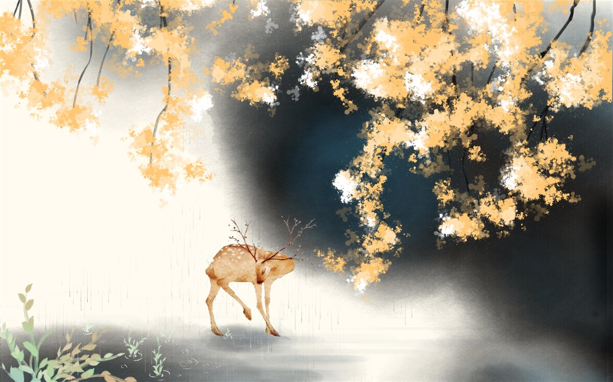 Fotobehang gemzen in mistig herfstbos