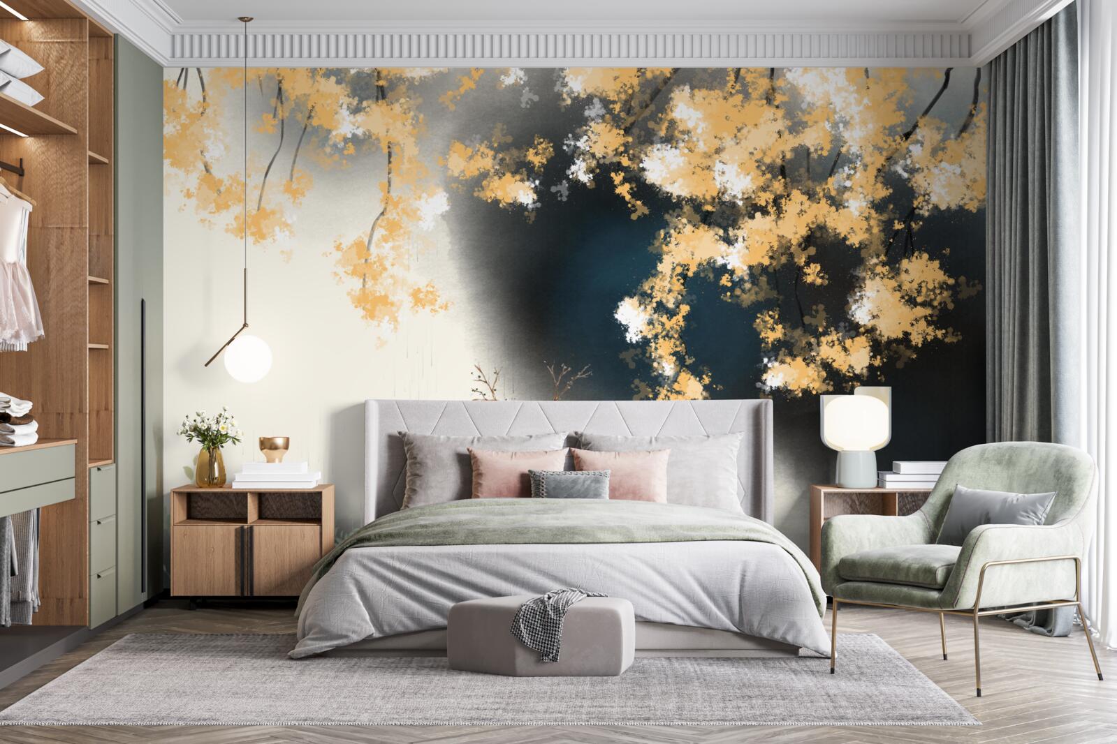 Fotobehang gemzen in mistig herfstbos