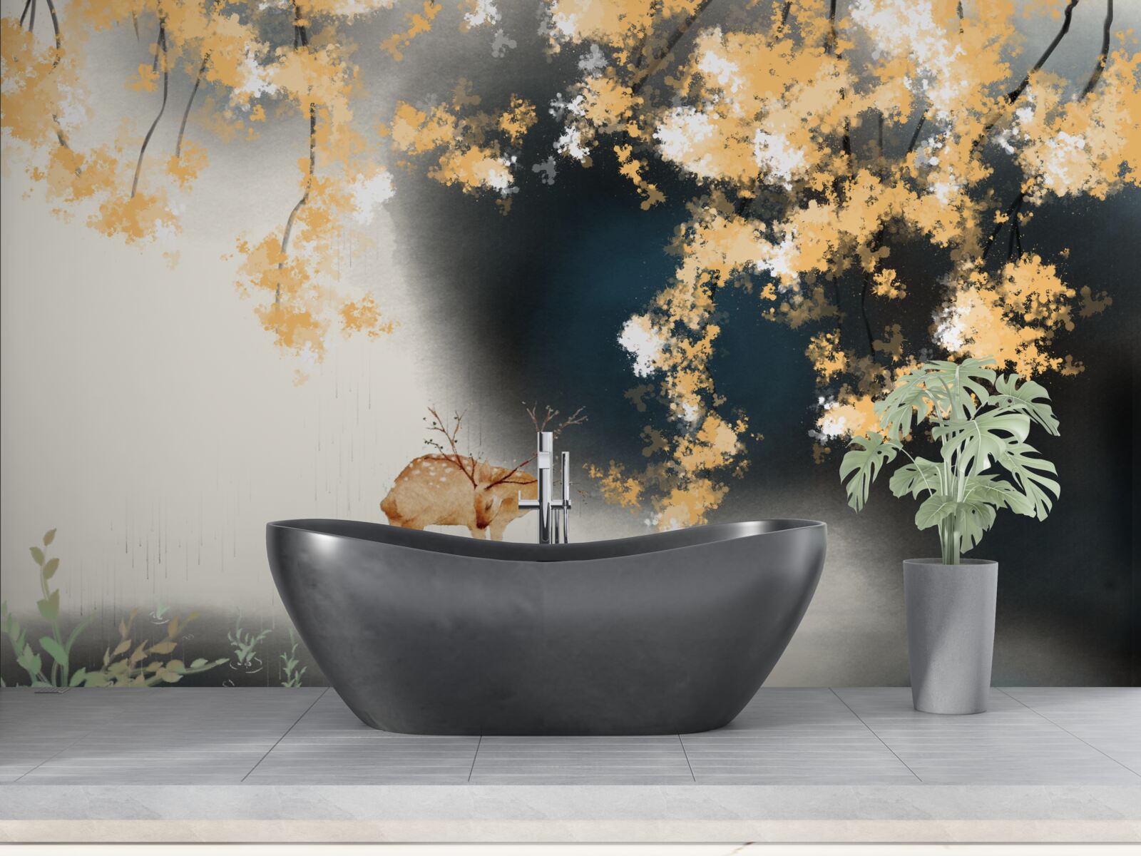 Fotobehang gemzen in mistig herfstbos