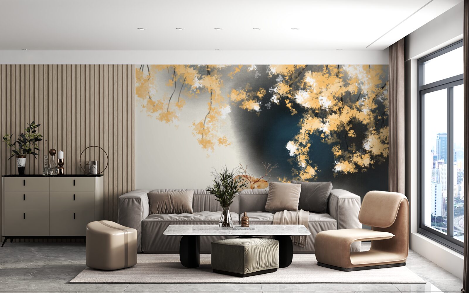 Fotobehang gemzen in mistig herfstbos