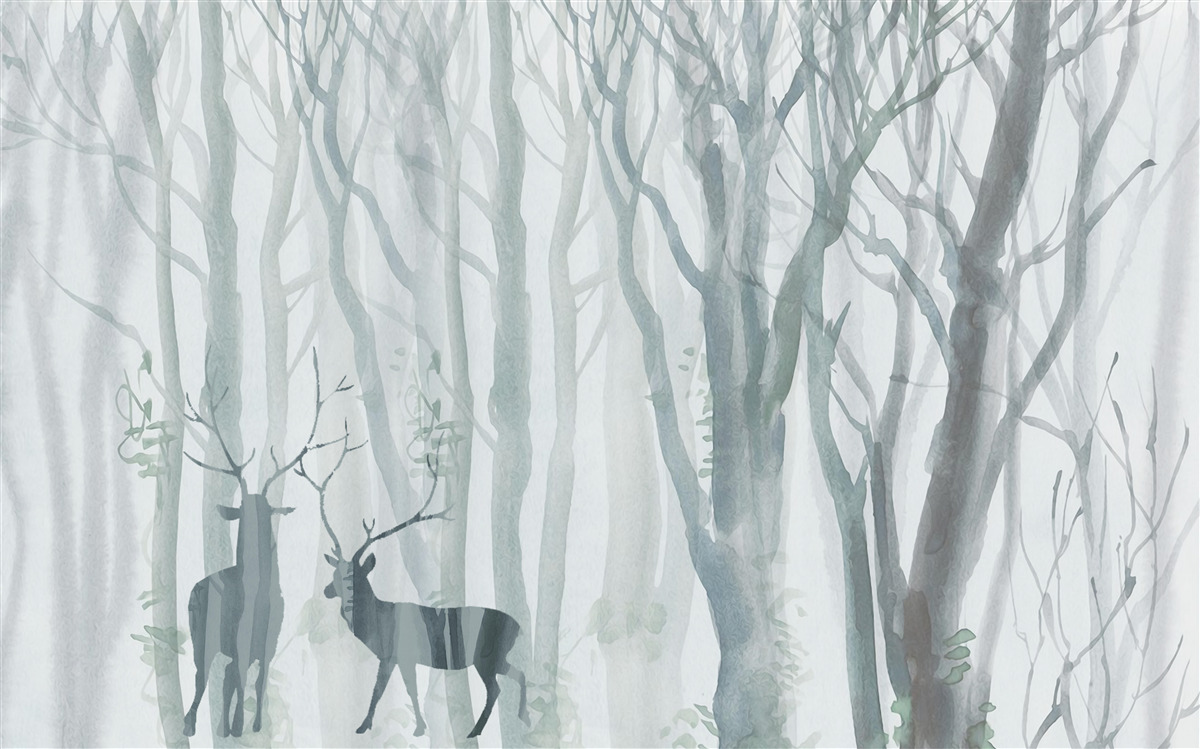 Fotobehang winterbos, mistig, bewoond door herten