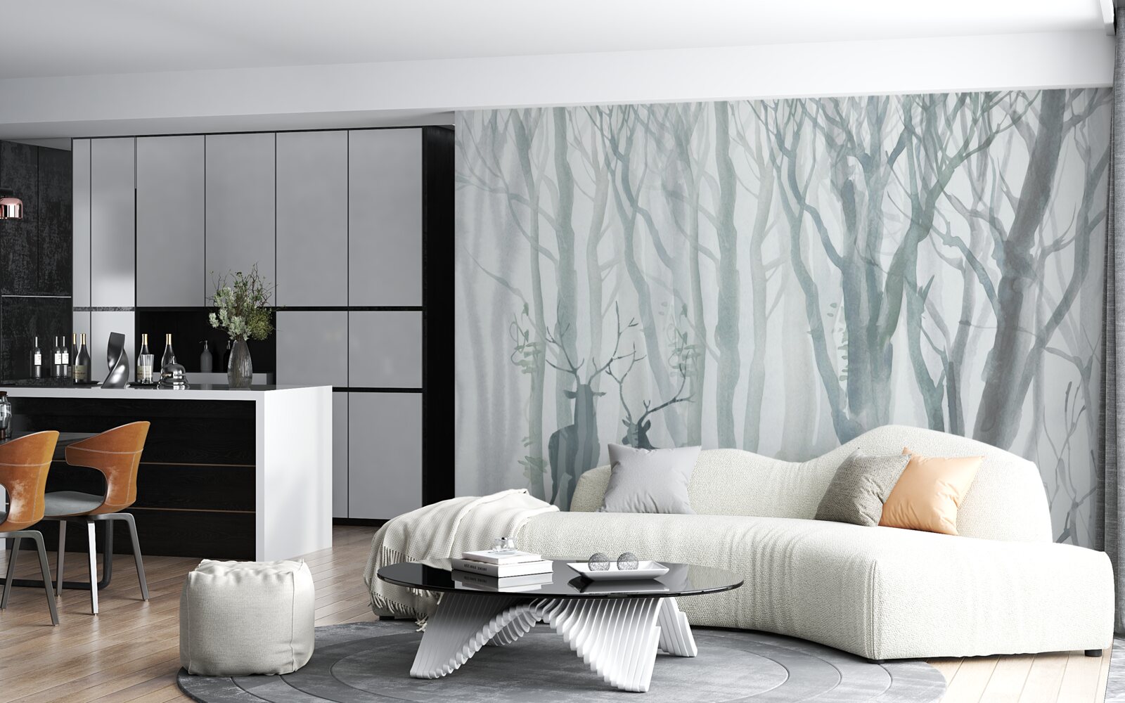 Fotobehang winterbos, mistig, bewoond door herten