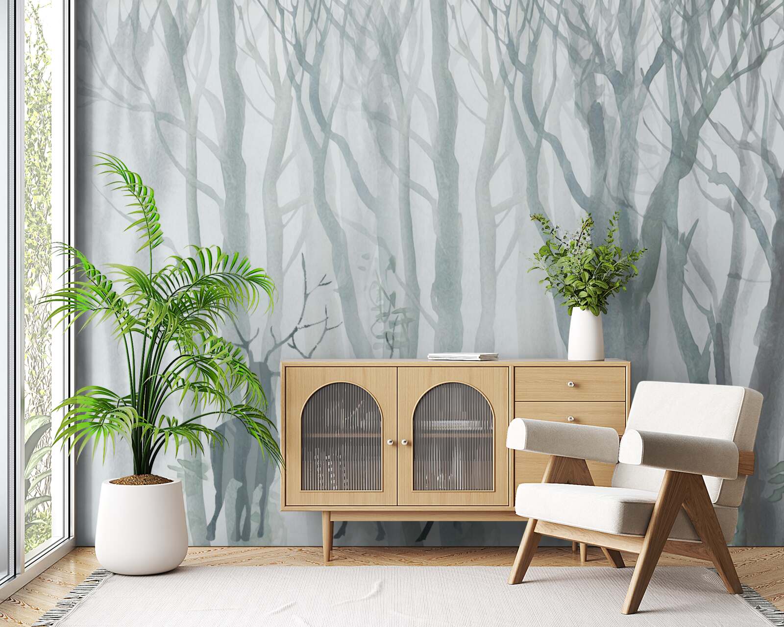 Fotobehang winterbos, mistig, bewoond door herten