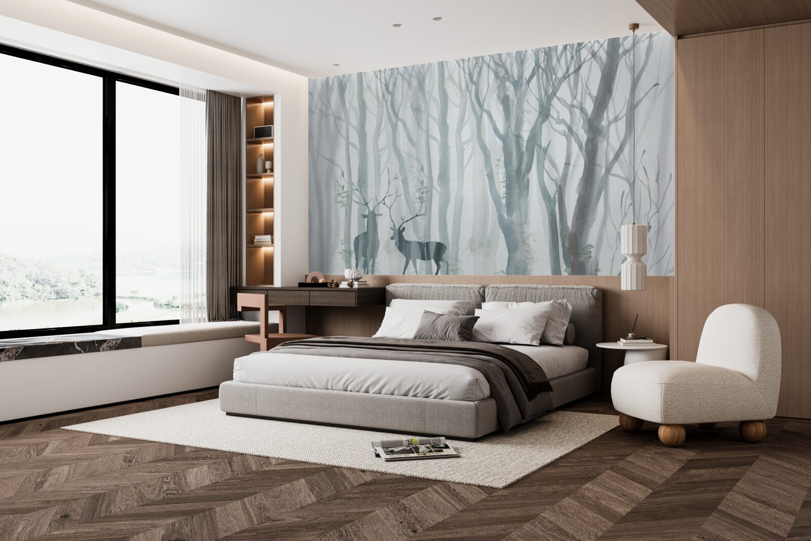 Fotobehang winterbos, mistig, bewoond door herten