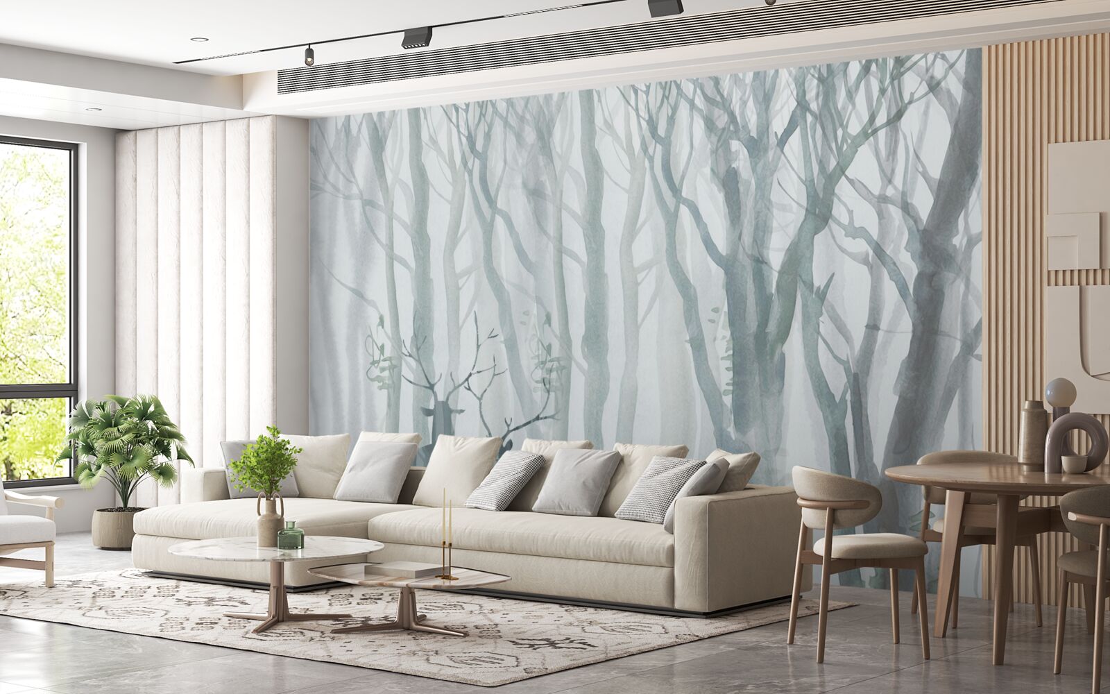 Fotobehang winterbos, mistig, bewoond door herten