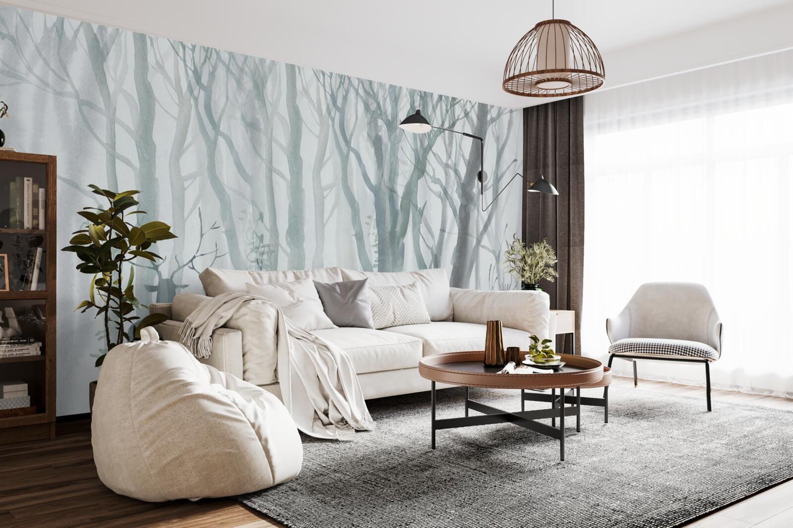 Fotobehang winterbos, mistig, bewoond door herten