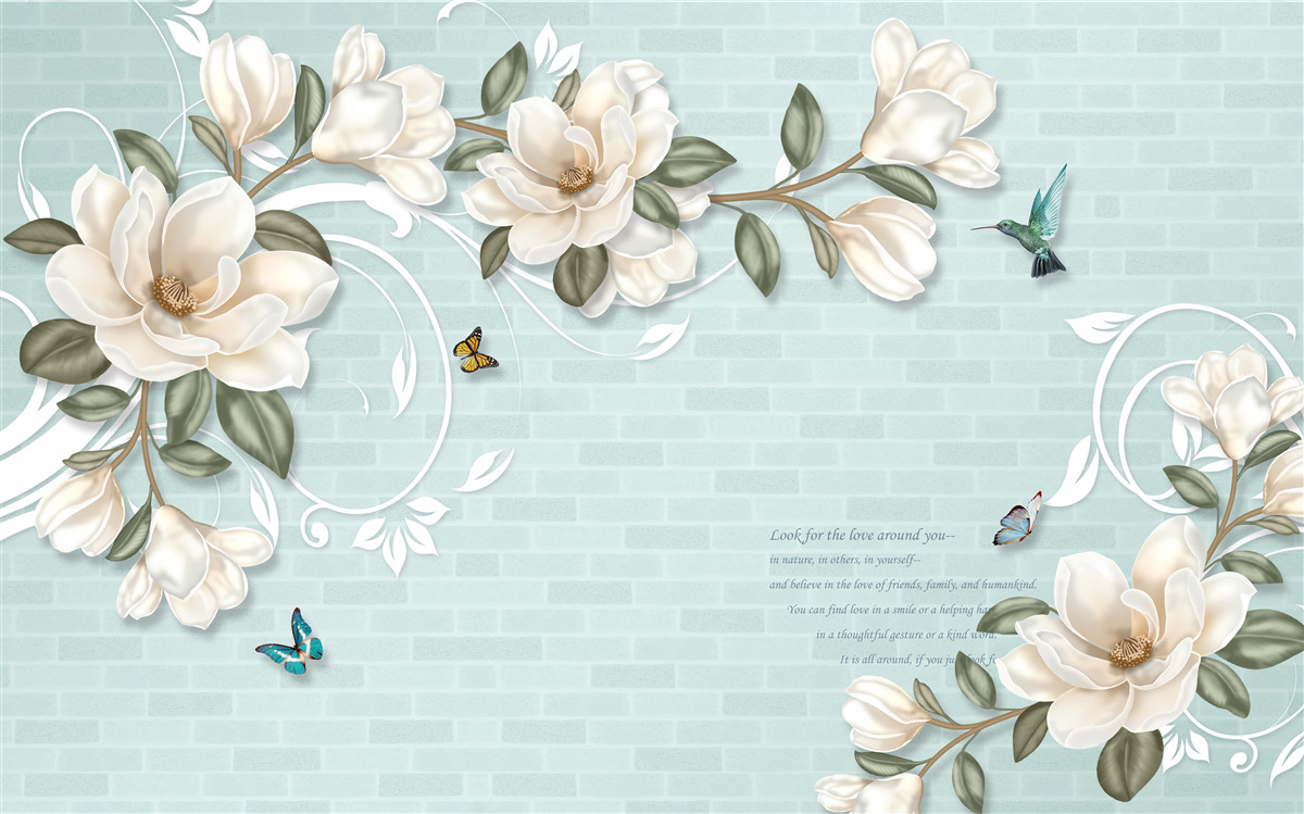 Fotobehang vlinders en kolibries bij de sneeuwwitte knoppen