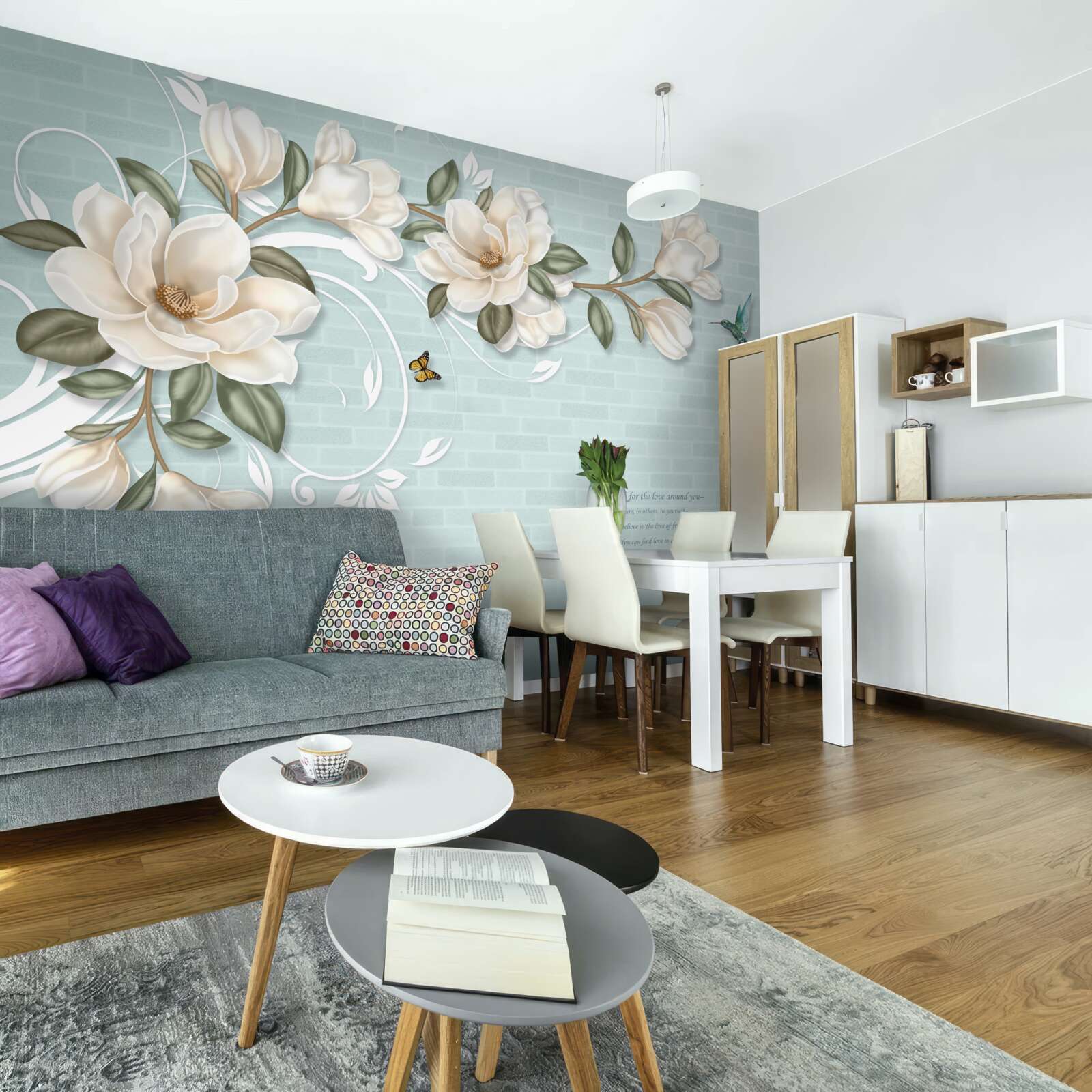 Fotobehang vlinders en kolibries bij de sneeuwwitte knoppen