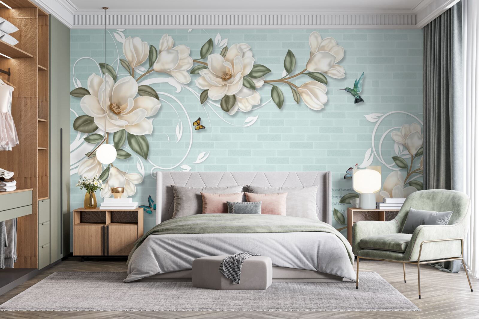 Fotobehang vlinders en kolibries bij de sneeuwwitte knoppen