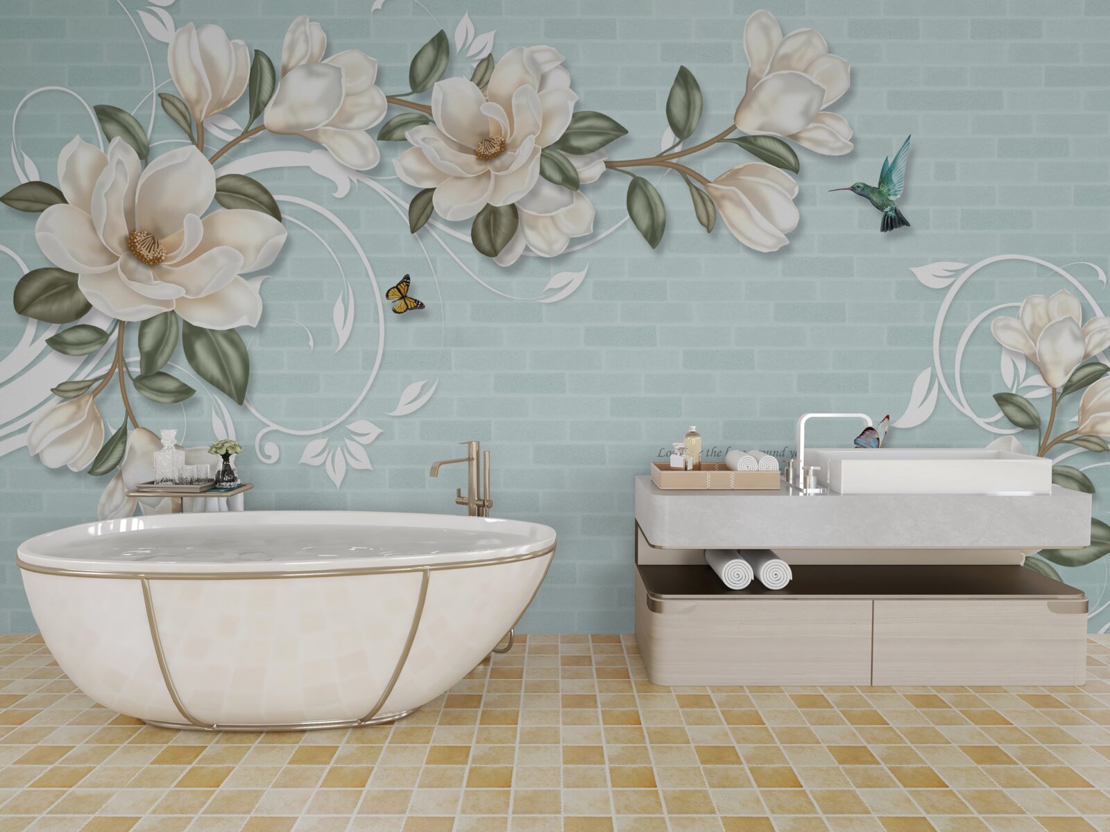 Fotobehang vlinders en kolibries bij de sneeuwwitte knoppen