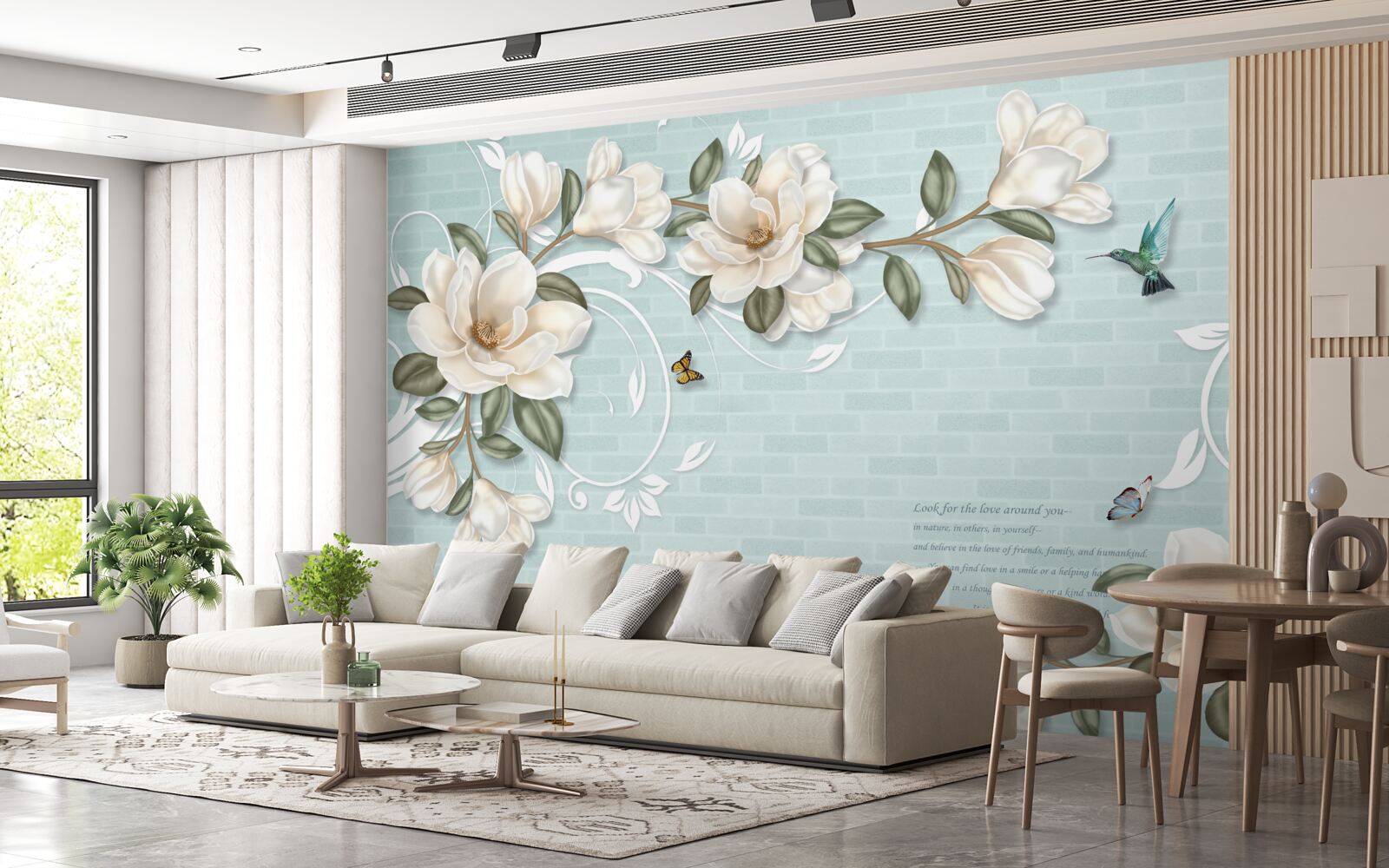 Fotobehang vlinders en kolibries bij de sneeuwwitte knoppen