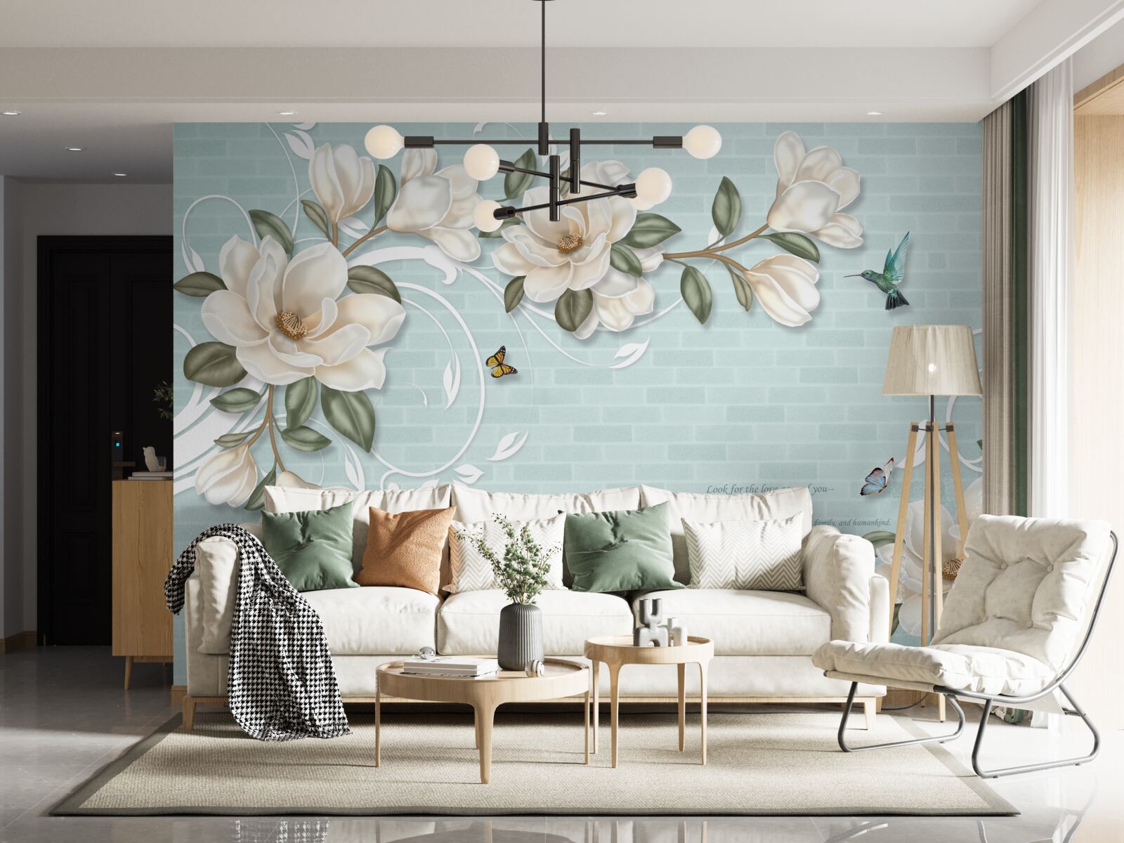 Fotobehang vlinders en kolibries bij de sneeuwwitte knoppen