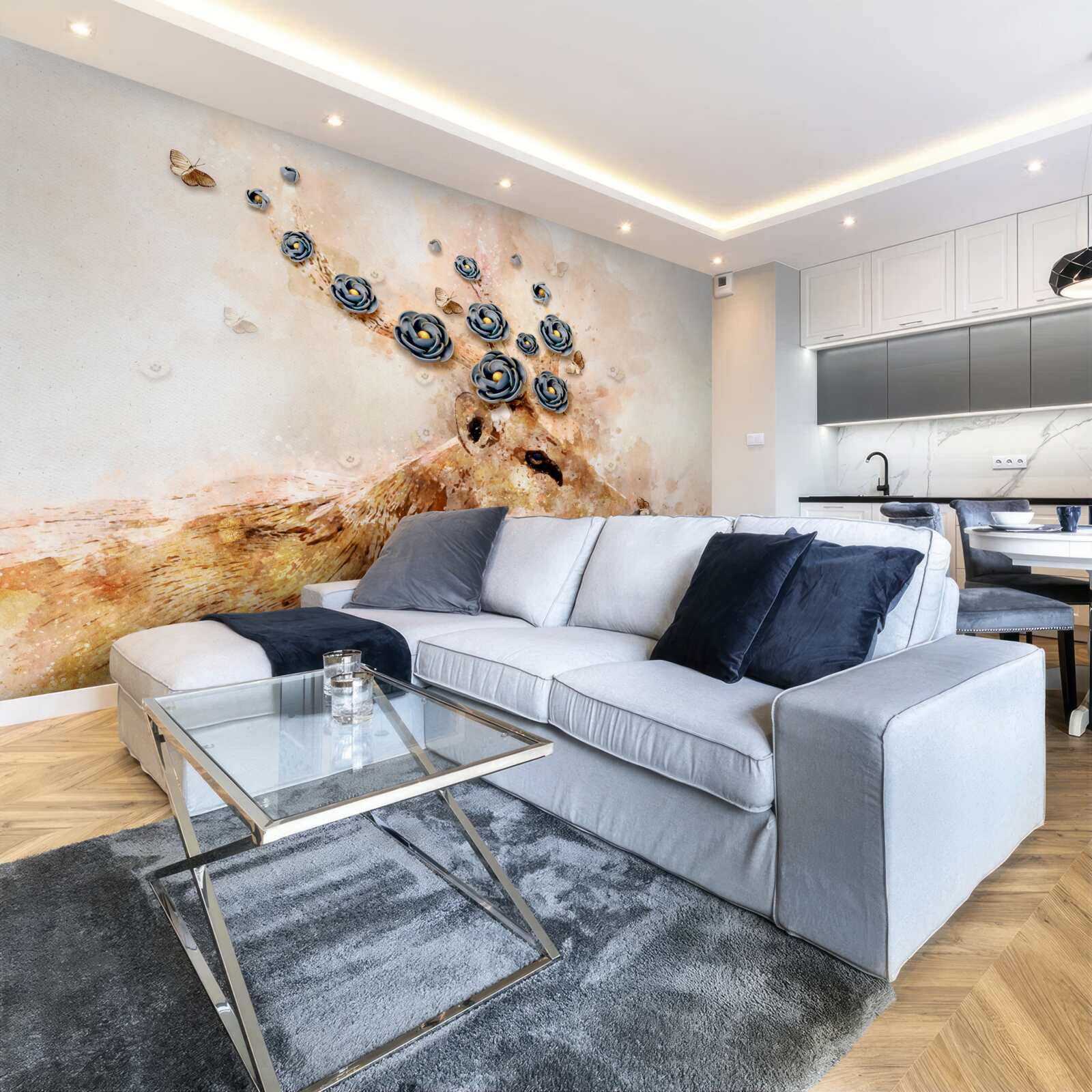 Fotobehang elena is omringd door bloemen op een roze achtergrond