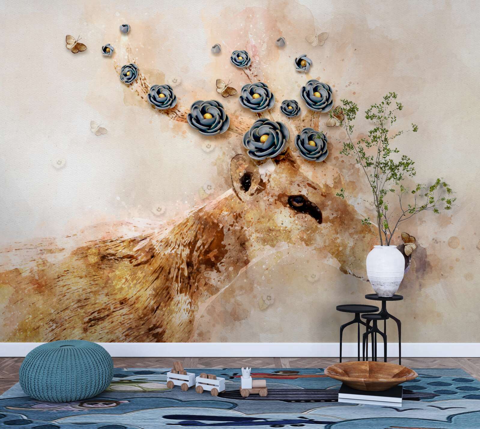 Fotobehang elena is omringd door bloemen op een roze achtergrond